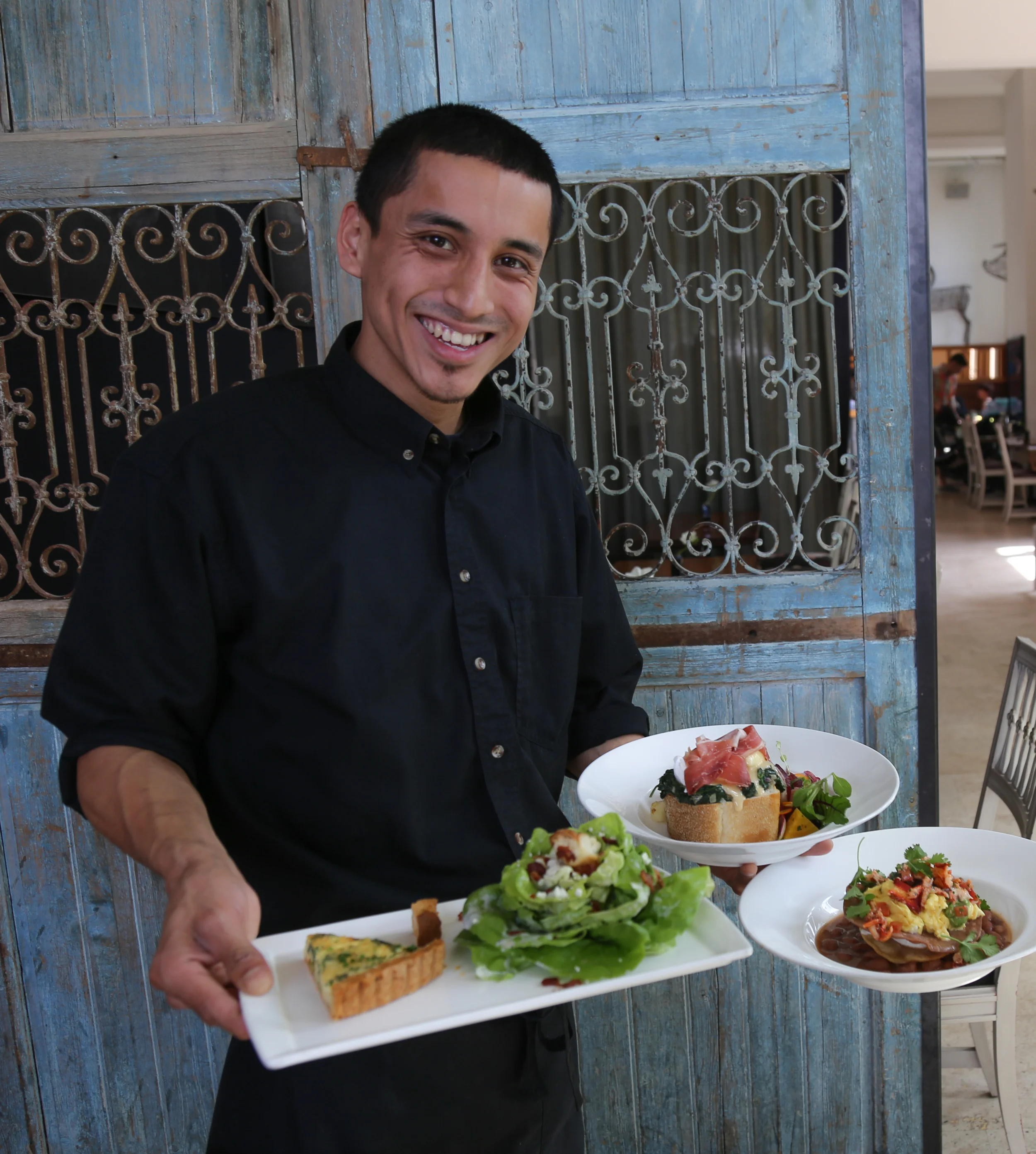 Omar with Quiche Florentine & Baby Hearts of Romaine Salad, Eggs Benedict with Prosciutto di Parma, Lobster Huervos Rancheros