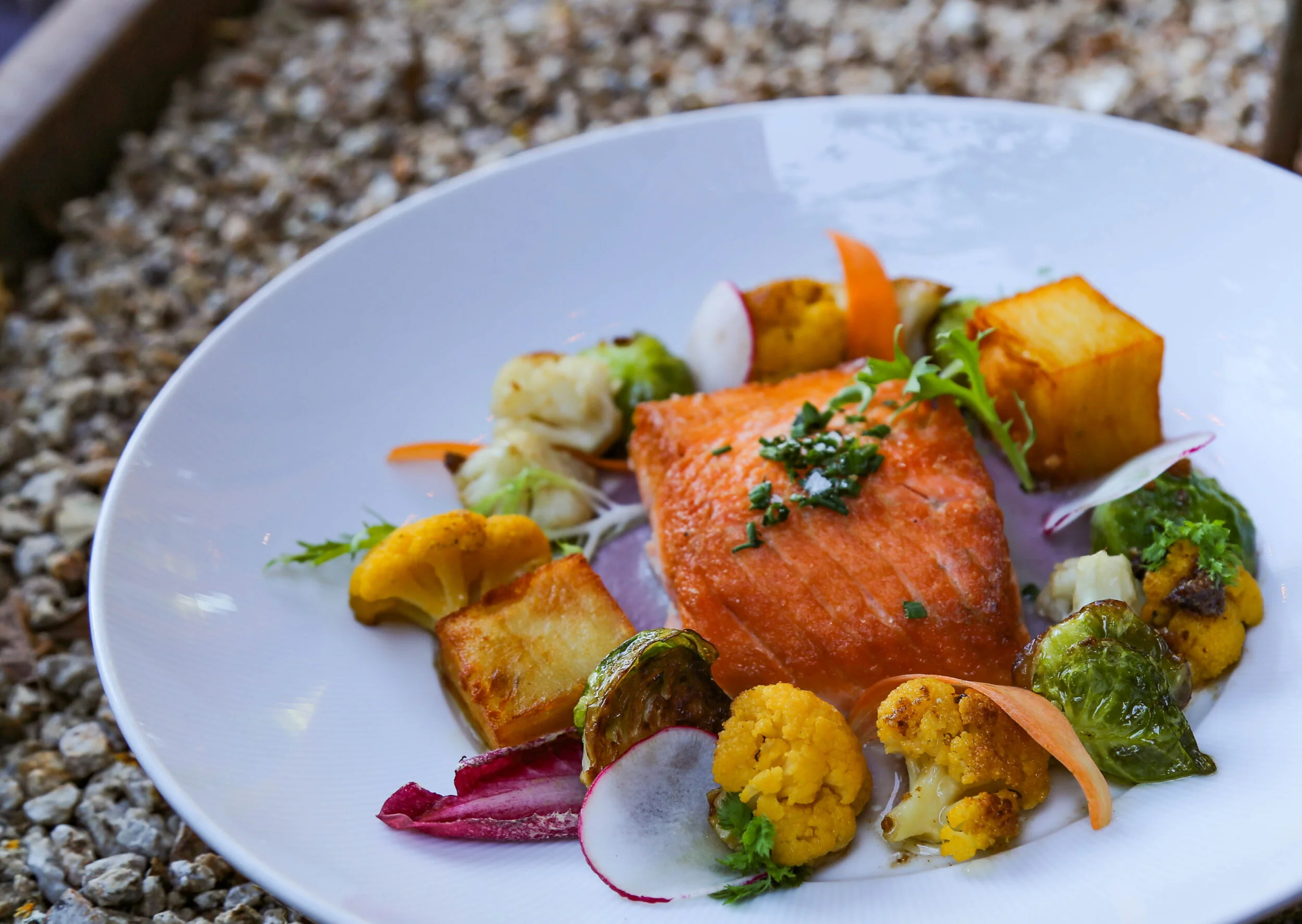 Pan seared salmon, roasted thinly layered sweet potato, orange cauliflower, red wine soubise