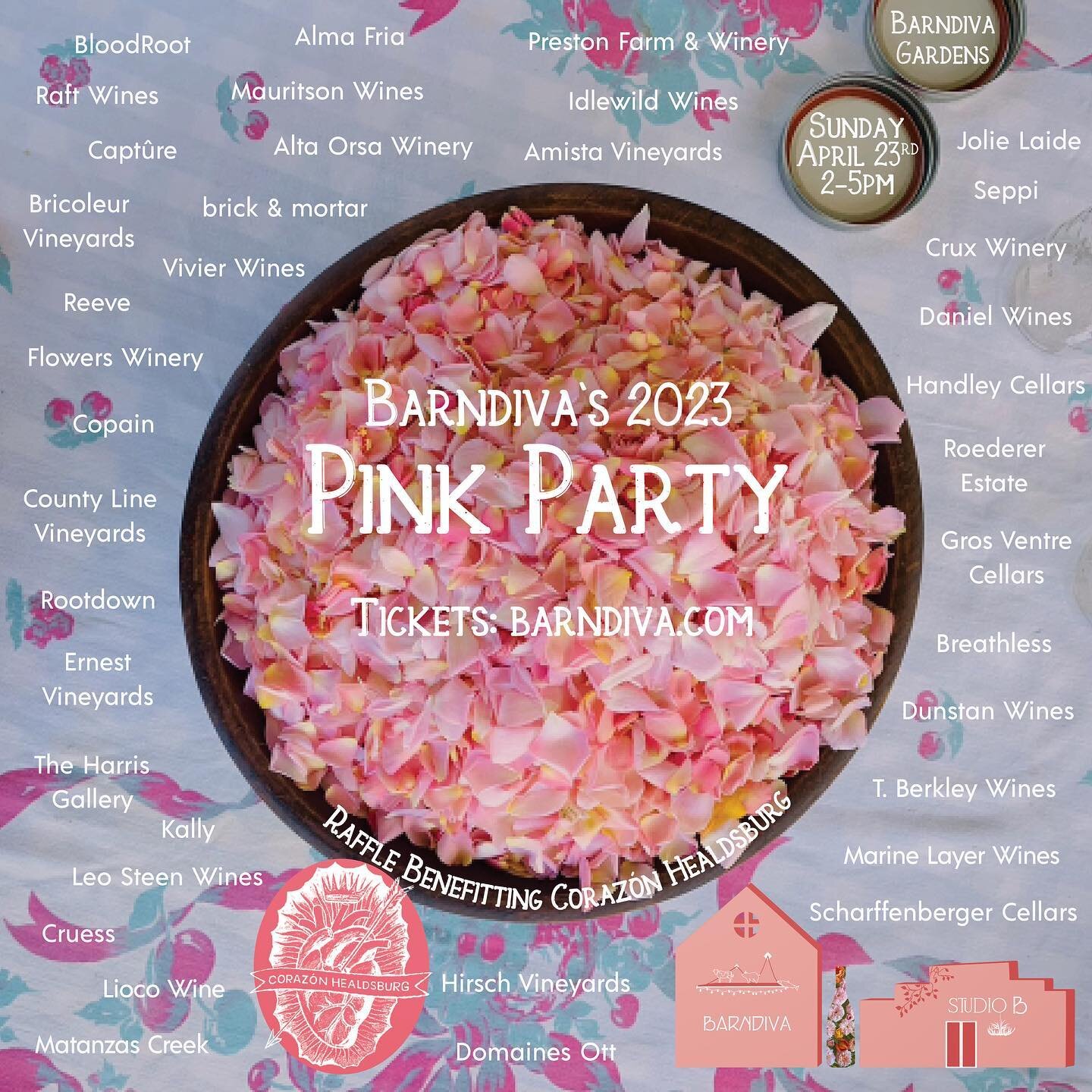 Celebrate Ros&eacute;, friendship, community and spring on April 23 when a remarkable group of Sonoma and Mendocino winemakers join us in the gardens for Barndiva&rsquo;s Pink Party 2023!

There will be music, Barn Bites from Erik Anderson&rsquo;s ki
