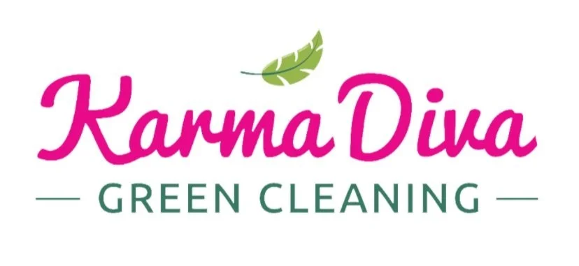 KarmaDiva Green Cleaning logo with pink text and a green feather icon.