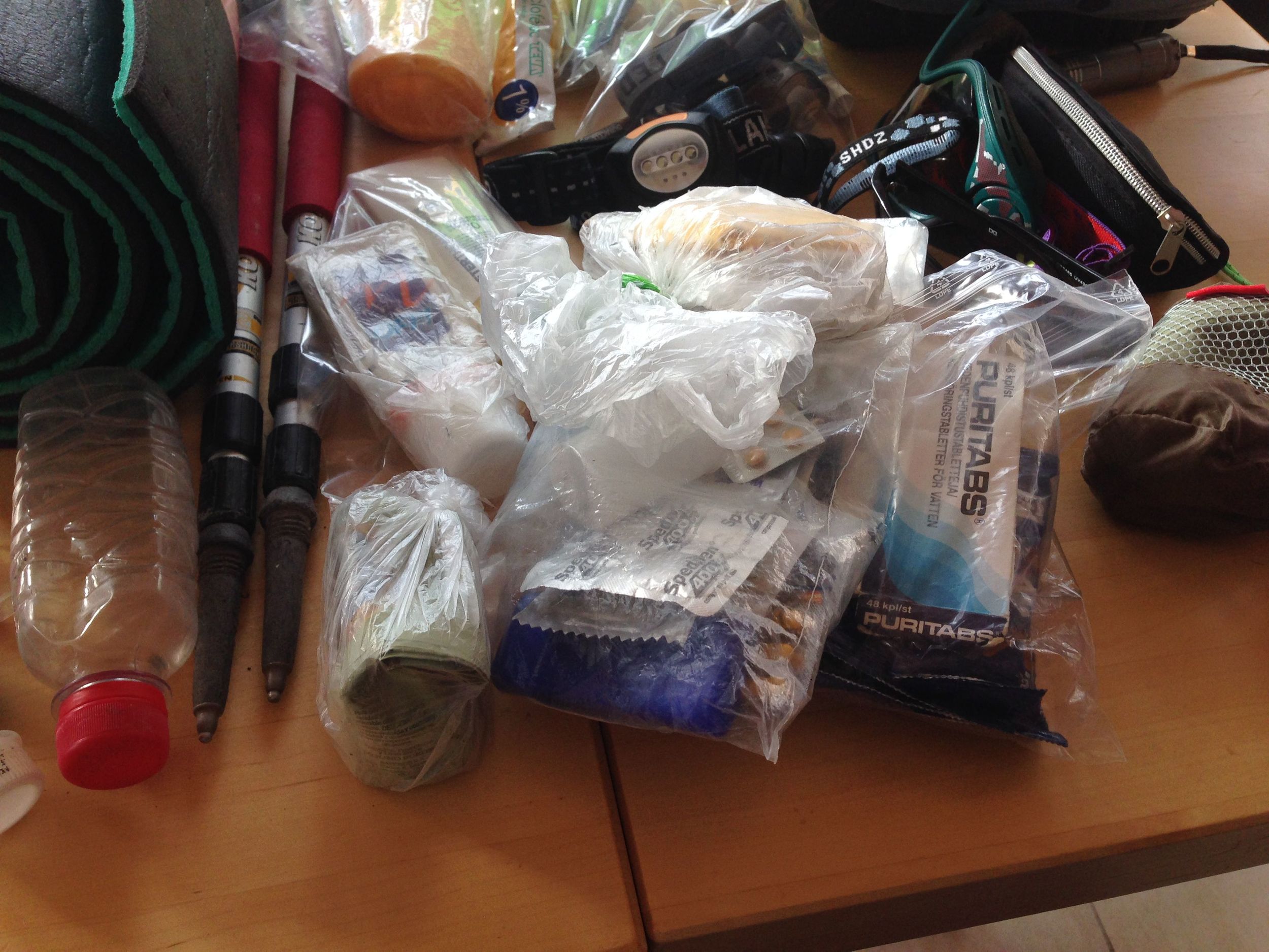 Medications and also the 2 walking poles that will help my worn-out knees to survive