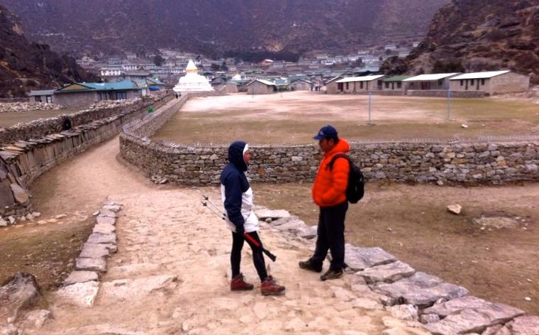 Johanna with Mingma in Khumjung, on a day-hike for acclimatization. Pasang was already at base-camp, organizing.