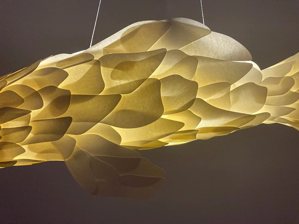 Paper fish art sculpture installation