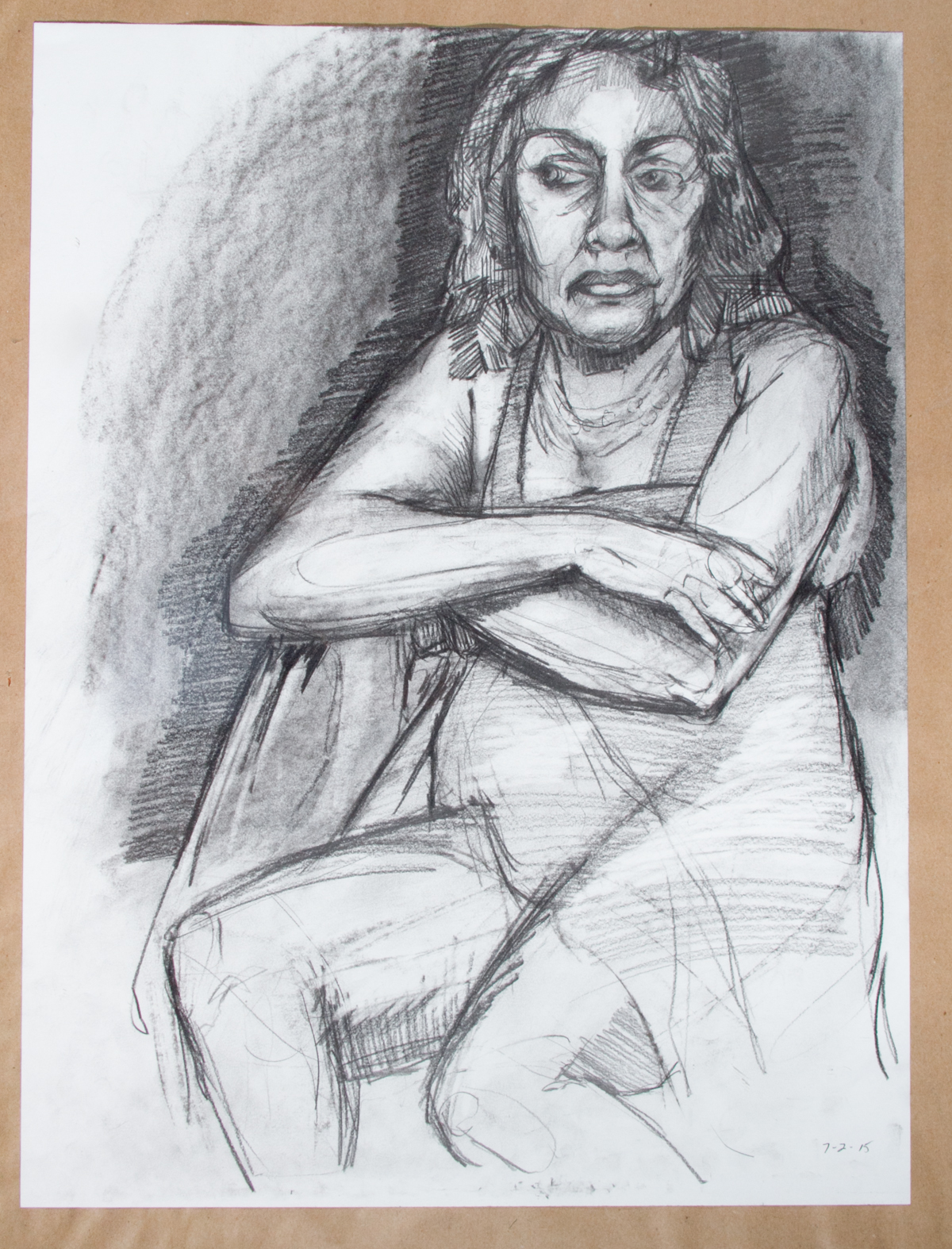 This is the drawing I ended up with for our extended pose (1 hour 20 min). While it's not quite as drawmatic or high contrast of some of my other drawings, it felt a lot better to work on. There is also still quite a bit of spontaneity and distortion. I didn't feel like I was racing to finish it and I didn't feel super-frustrated when I got stuck. I just kept in the moment, and calmly drew. I think during the next session I'd like to work with higher contrast charcoal subtractive work.