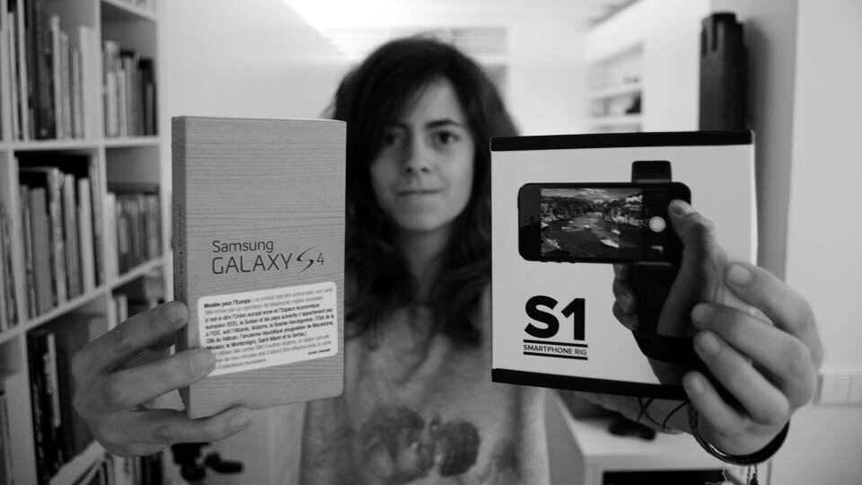 Ana Prado with her brand new Samsung Galaxy S4 and her Shoulderpod S1 smartphone rig and tripod mount.