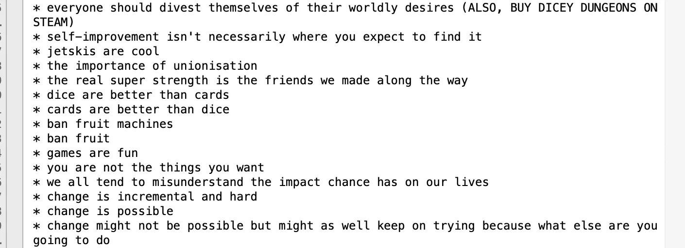 Notes from an early brainstorming session with Terry, Niamh and Marlowe, about what the theme of the game should be