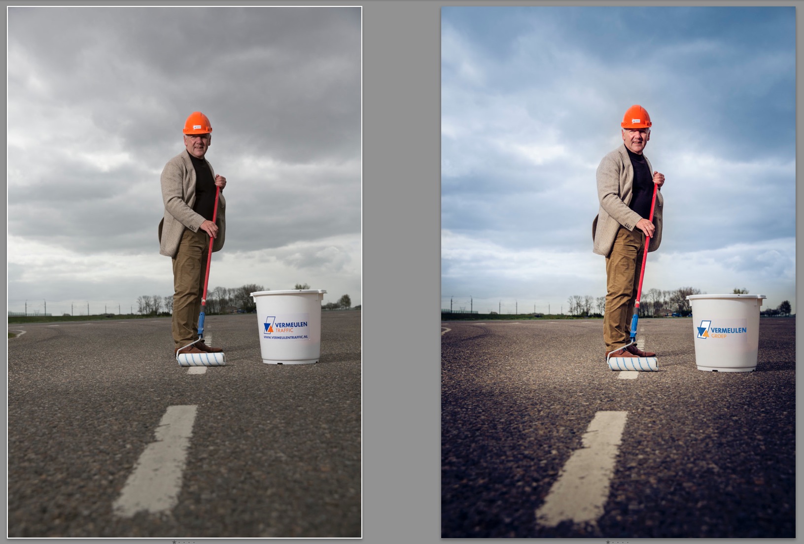 Hier even de bewerkingen op de foto. Links het origineel uit de camera. Rechts de aangepaste versie. Zoals je ziet is hij wat rechter gezet, iets beter uitgelicht en de lucht iets vrolijker gemaakt. Ook de sticker op de emmer is aangepast naar het juiste logo.