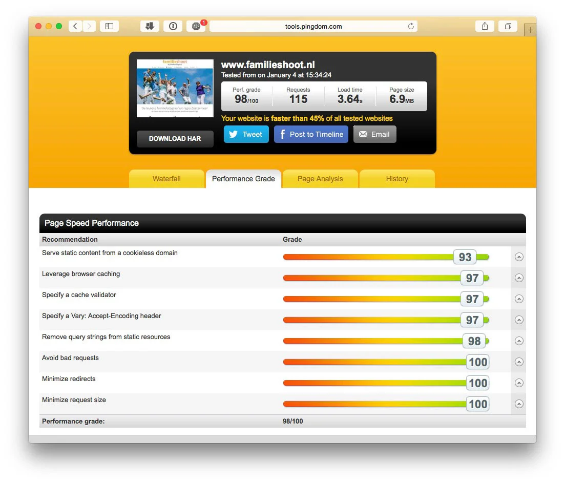 Een review van mijn website http://www.familieshoot.nl gemeten op Pingdom. Hier zie je dat mijn performance grade 98/100 is wat uitzonderlijk goed is!