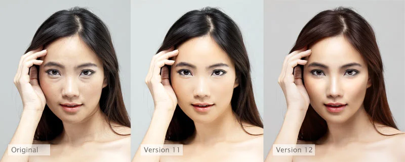 Hier het verschil tussen de verschillende versies van Portrait Professional. Je ziet dat in de laatste versie 12 er veel achter de schermen is aangepast om een veel mooier resultaat te krijgen.