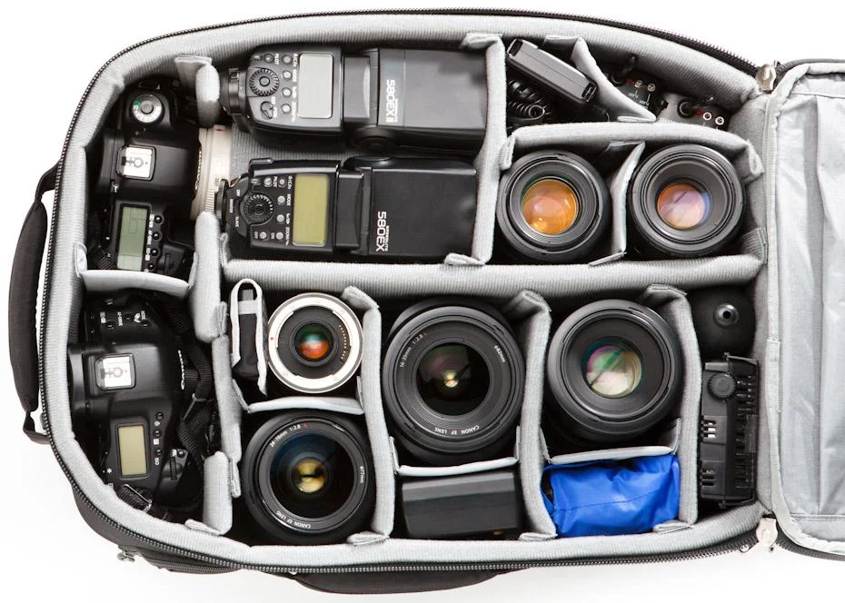 Deze ThinkTank Airpot Accelerator kun je echt vol gooien met camera's en lenzen. Hier een voorbeeld van een indeling.