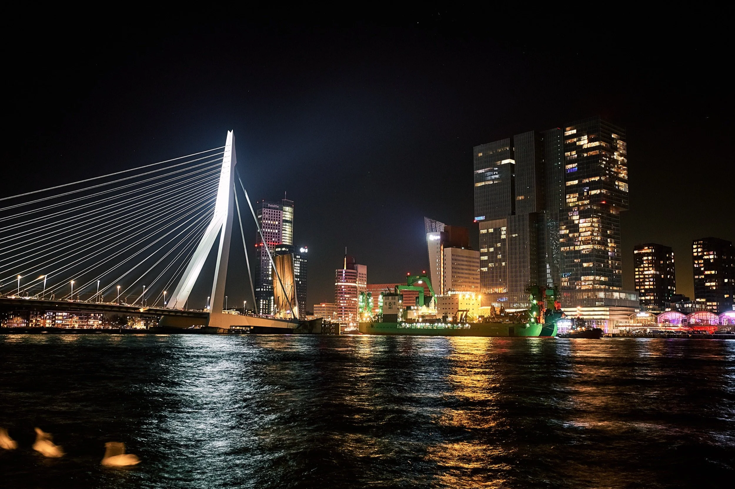 Uitzicht op de skyline van Rotterdam 's nachts, met de Erasmusbrug en verlichte hoge gebouwen langs de rivier.