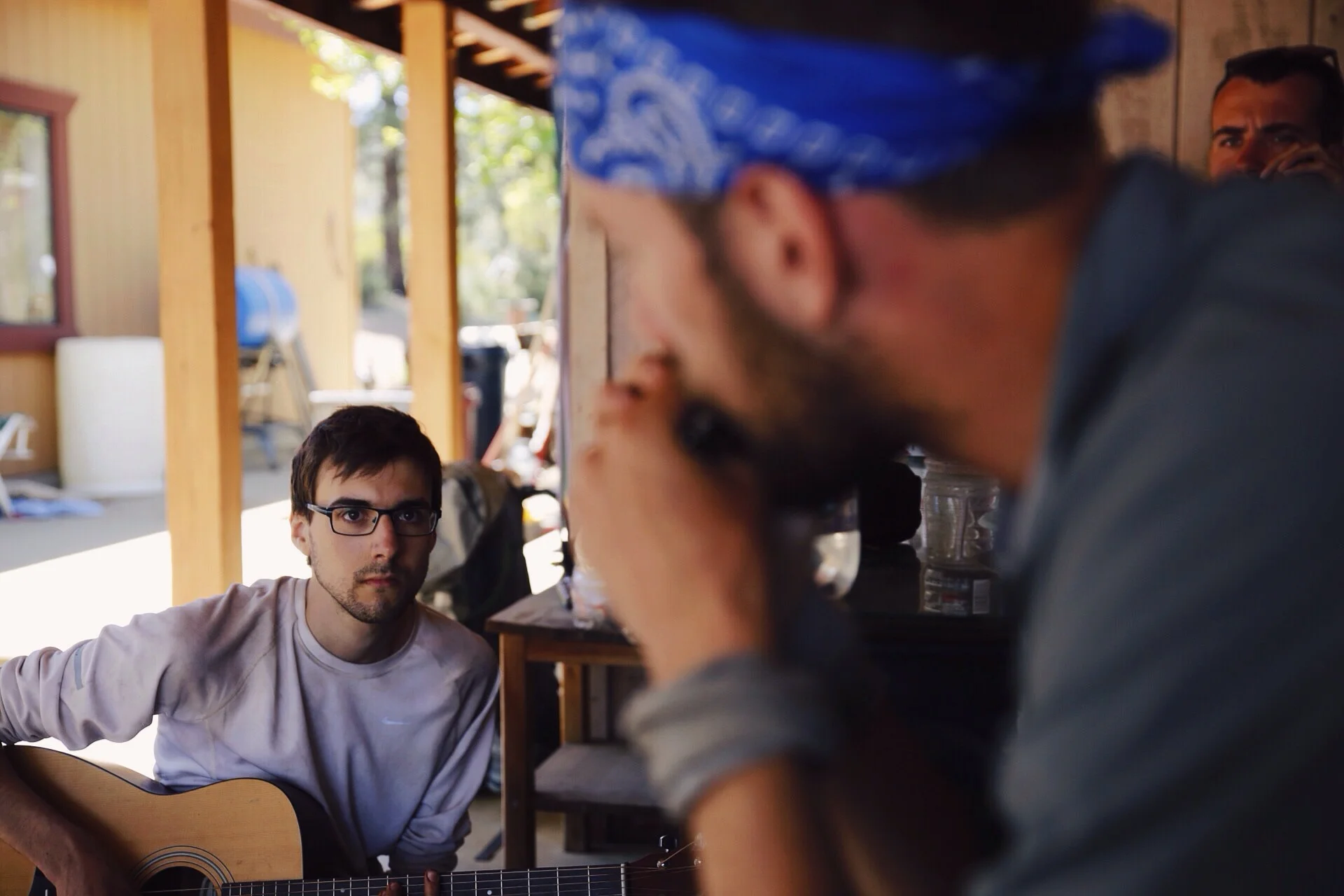 Quinoa jamming out with Dan at a trail angel spot on day 7