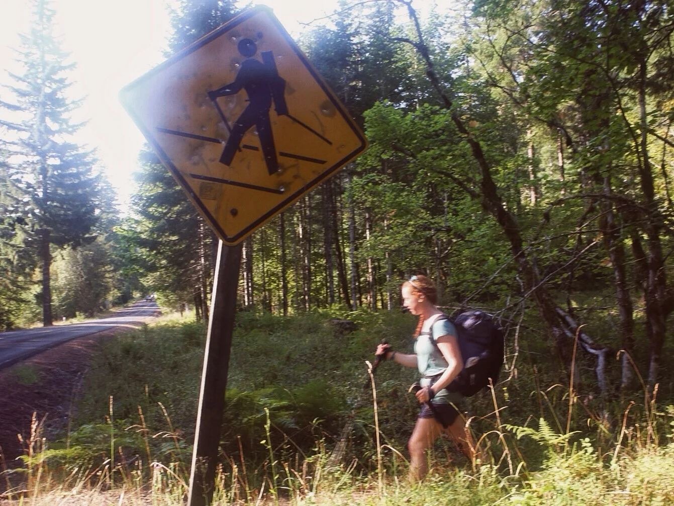 Haha, hiker crossing. Somebody added the poles and pack with tape. Oh, and the sign has hella bullet holes in it. 