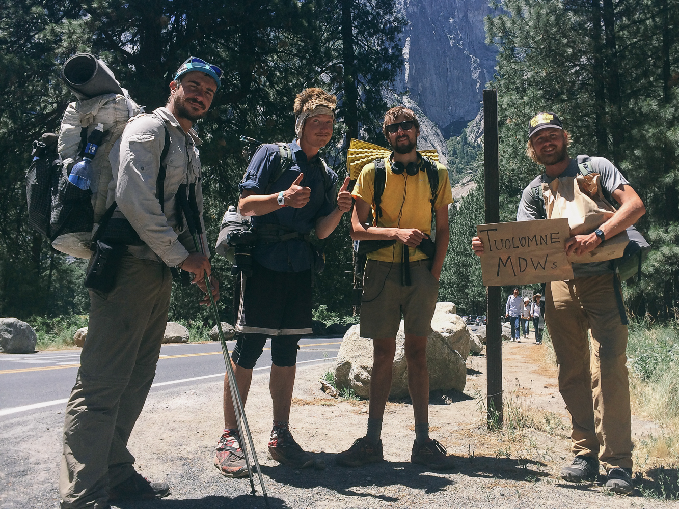 Half'n'Half, myself, Quinoa and Choop hitching back up to Tuolomne Meadows from Yosemite Valley.