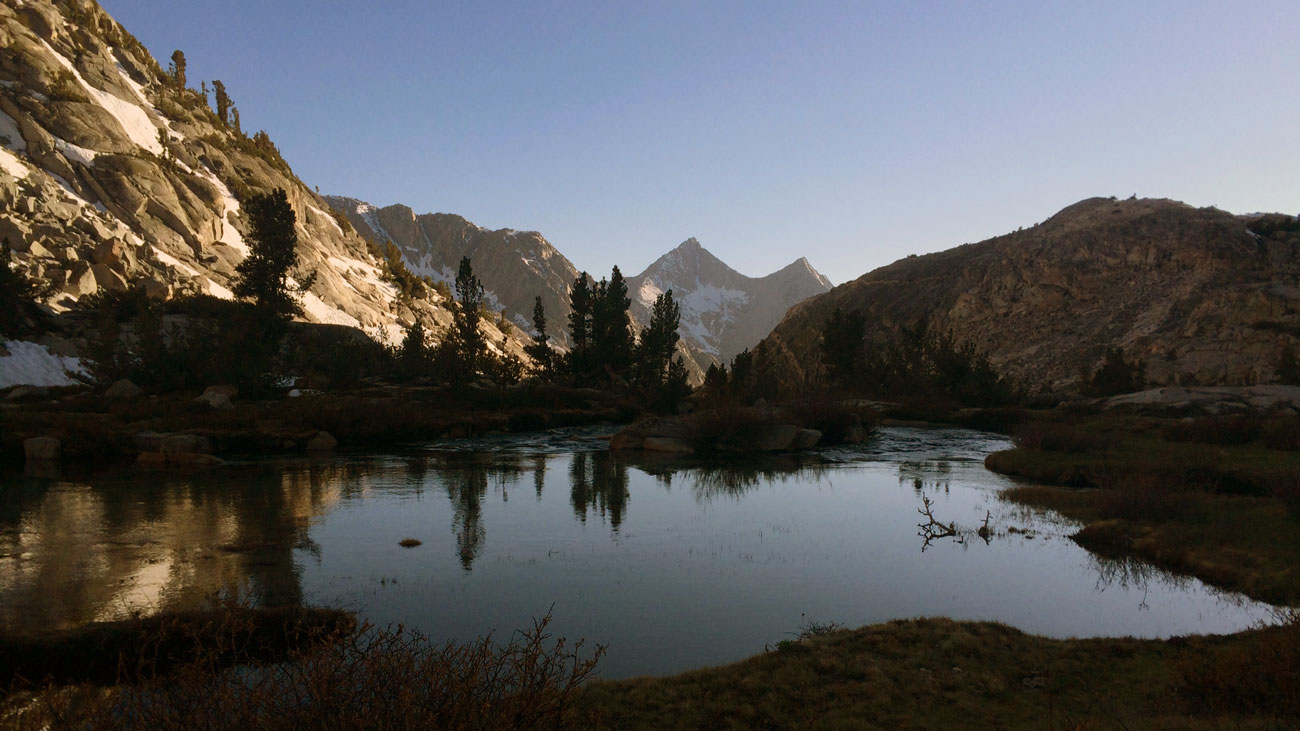 Sunset at the outlet of Palisades Lake, we were still searching for a camping spot.