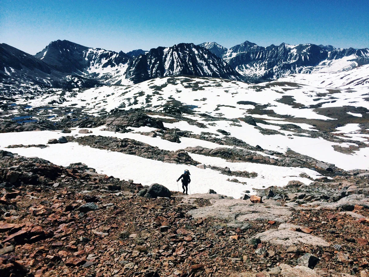 View all the snow fields we crossed that morning from the top of Pinchot