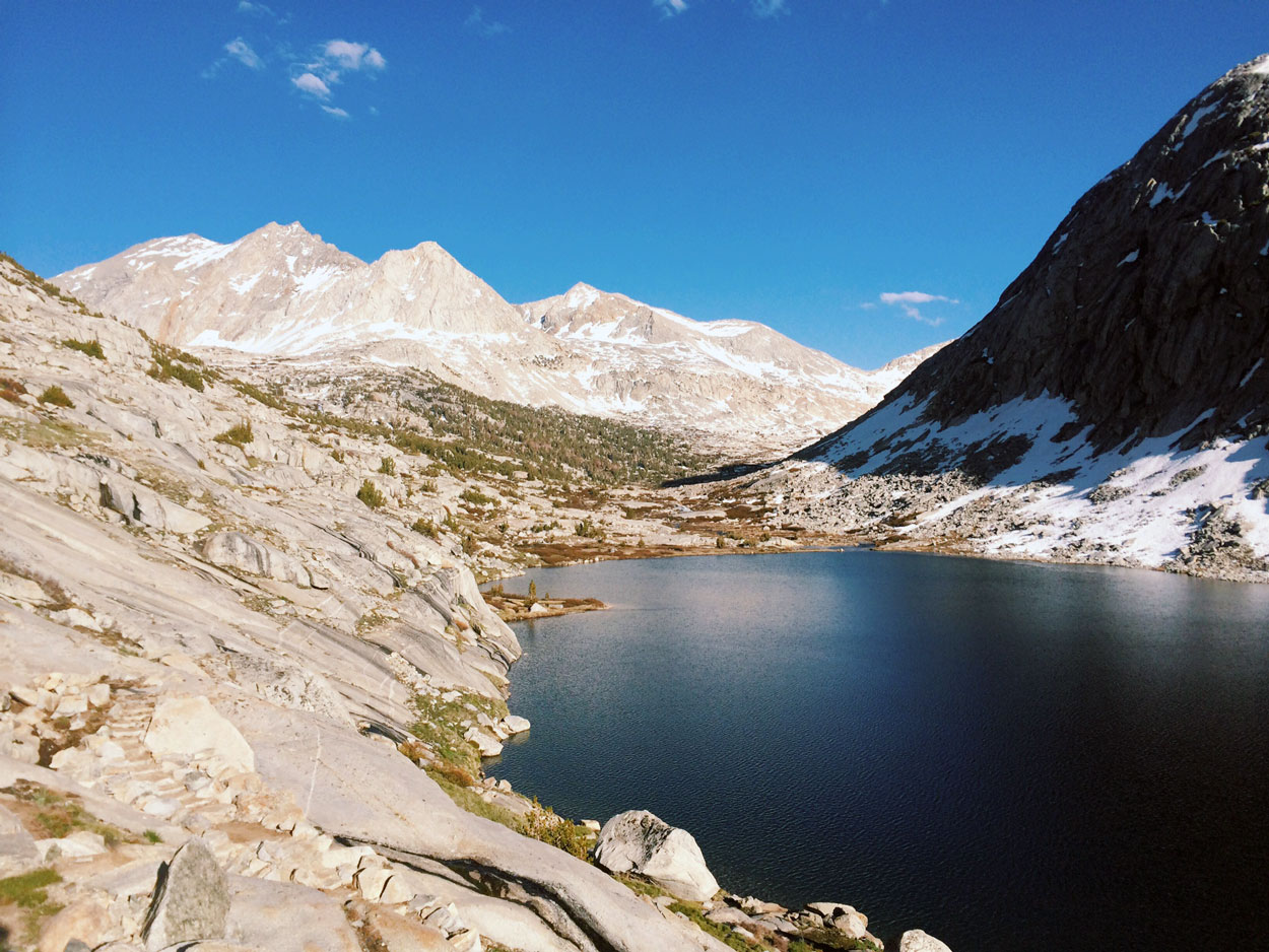 View of Palisades Lake and the north face of Mather Pass.