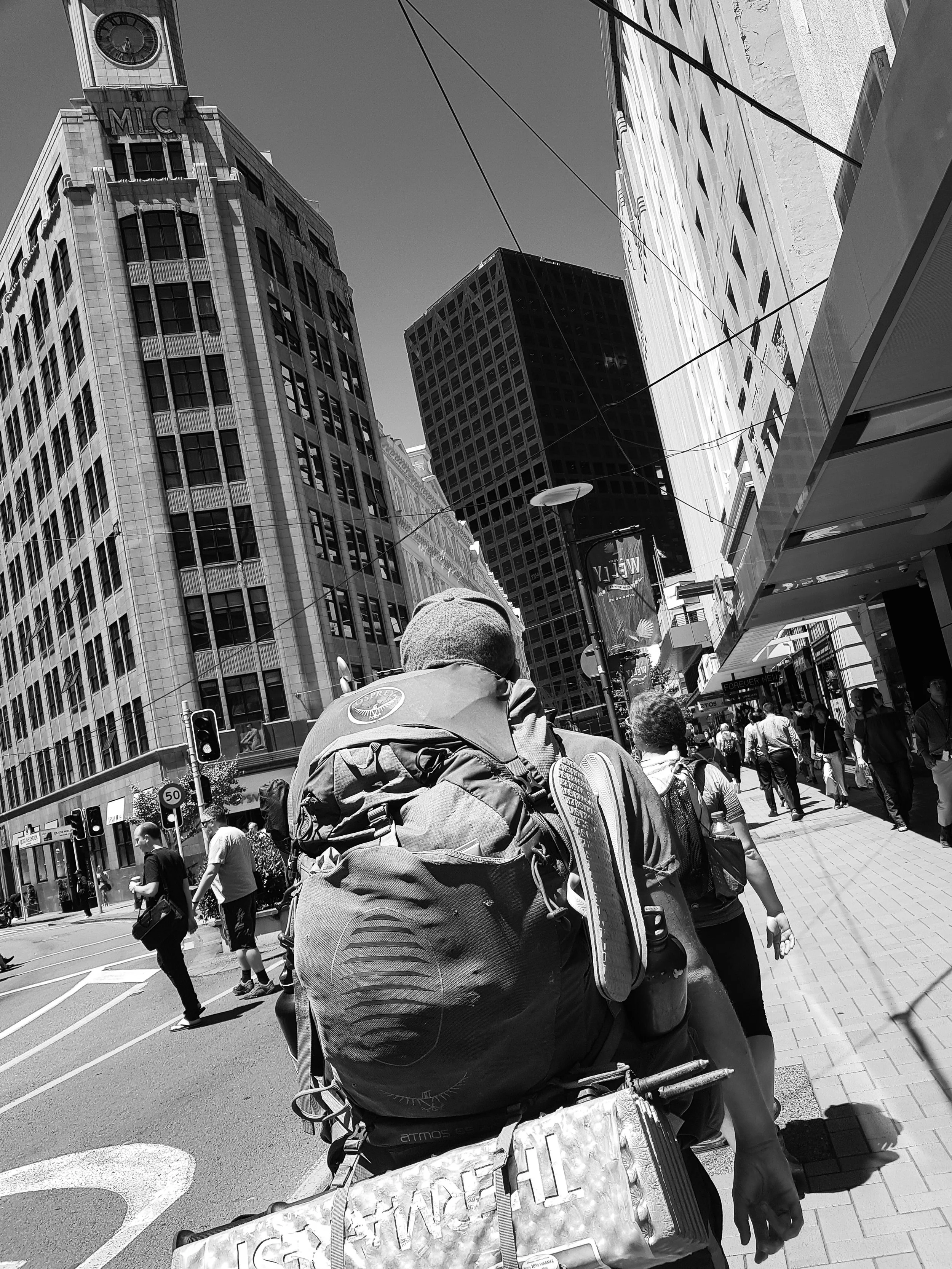 Hiker trash on Lambton Quay in Welly's city center photo/ Jonathan