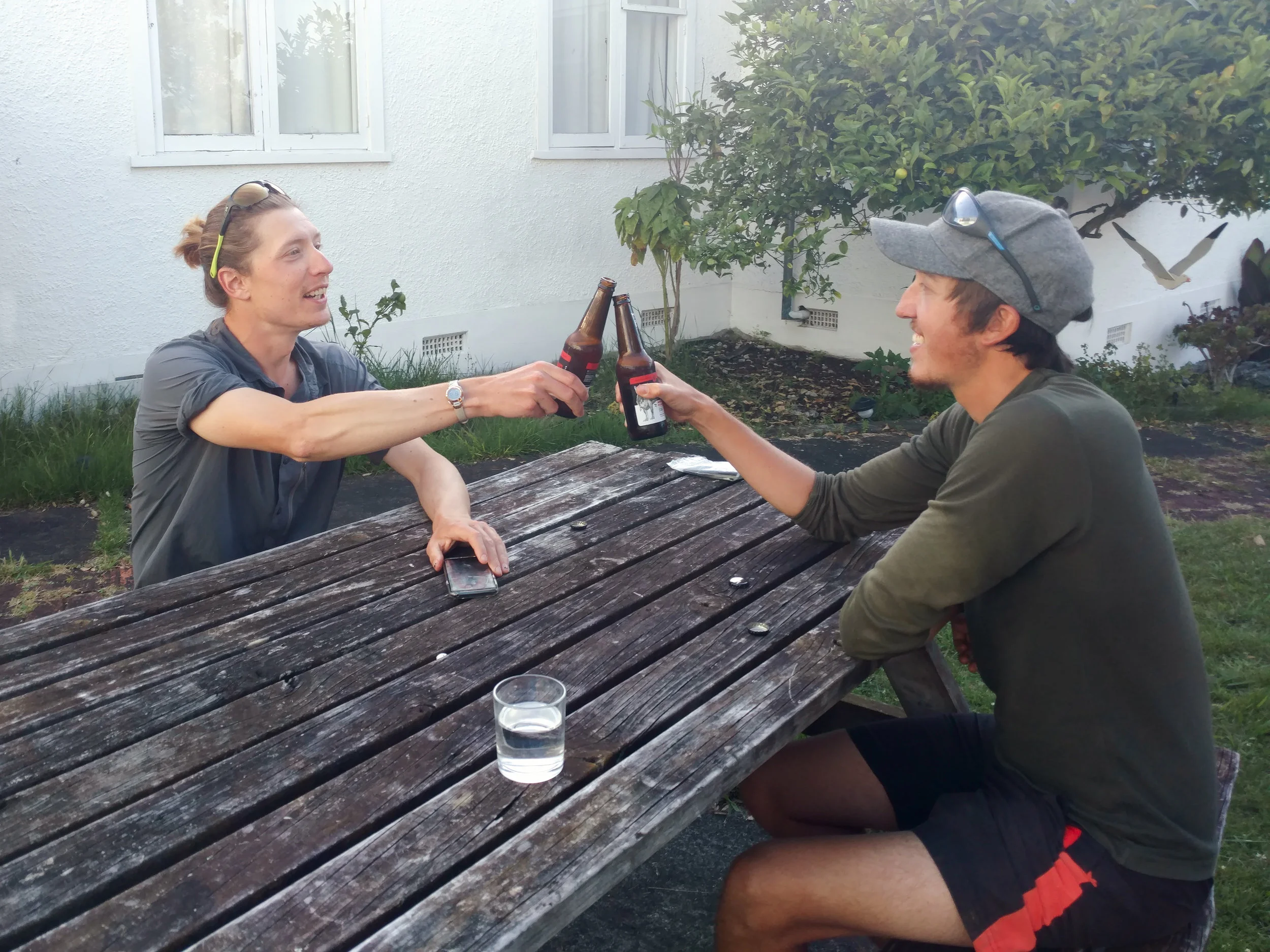 Charlie and Jonathan celebrating our arrival in the city of Whanganui photo/ Jonathan