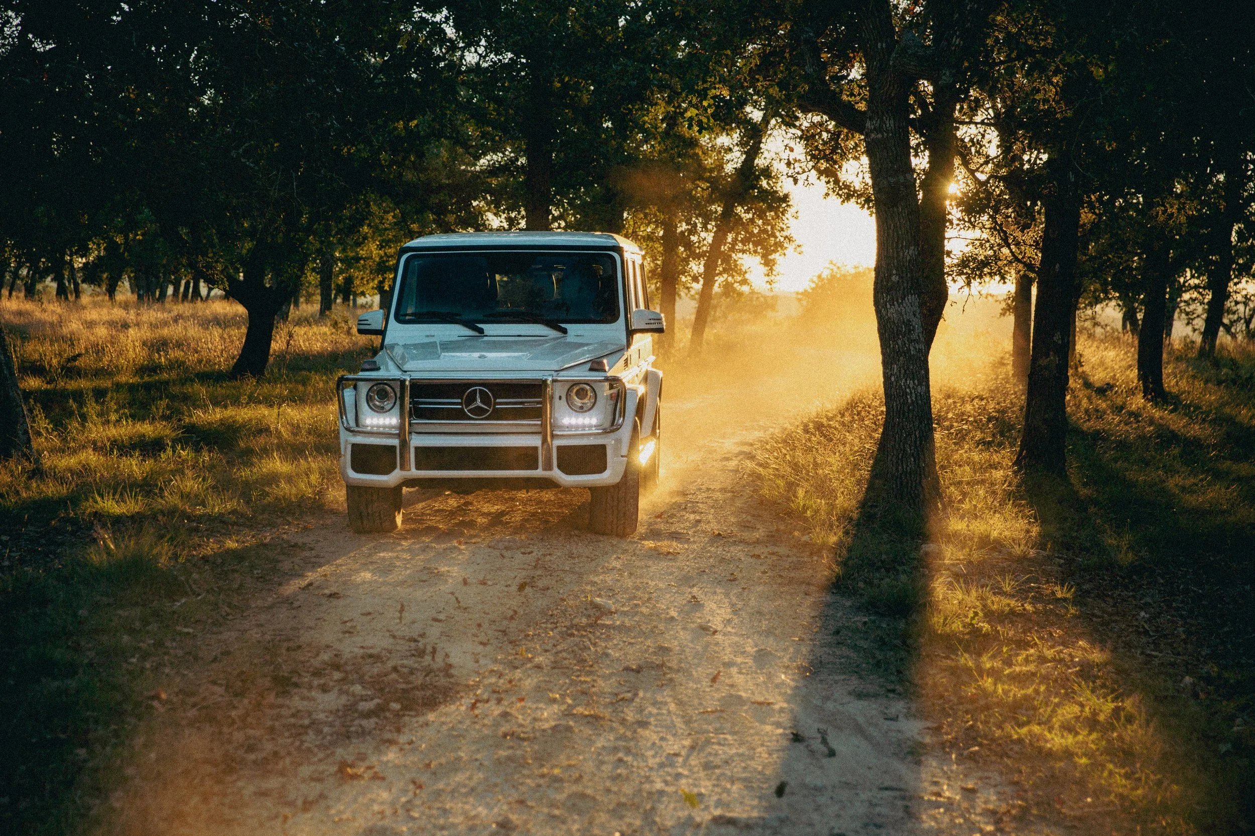 A white Mercedes-Benz G-Class SUV driving on a dirt road through a forest at sunset, with trees casting long shadows and sunlight filtering through the branches.