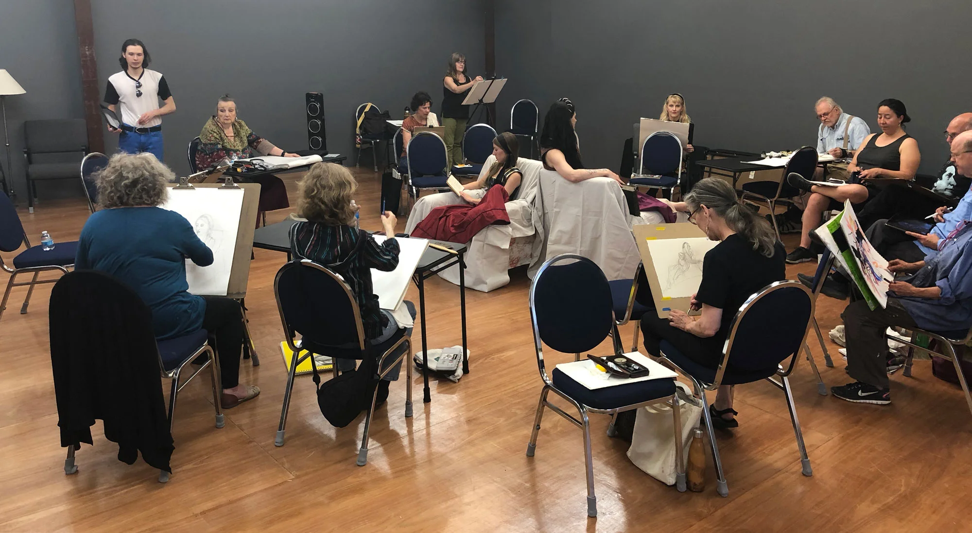 The two-hour drawing session featured two models. The model on the left gave us a two-hour pose, the other model gave two one-hour poses.