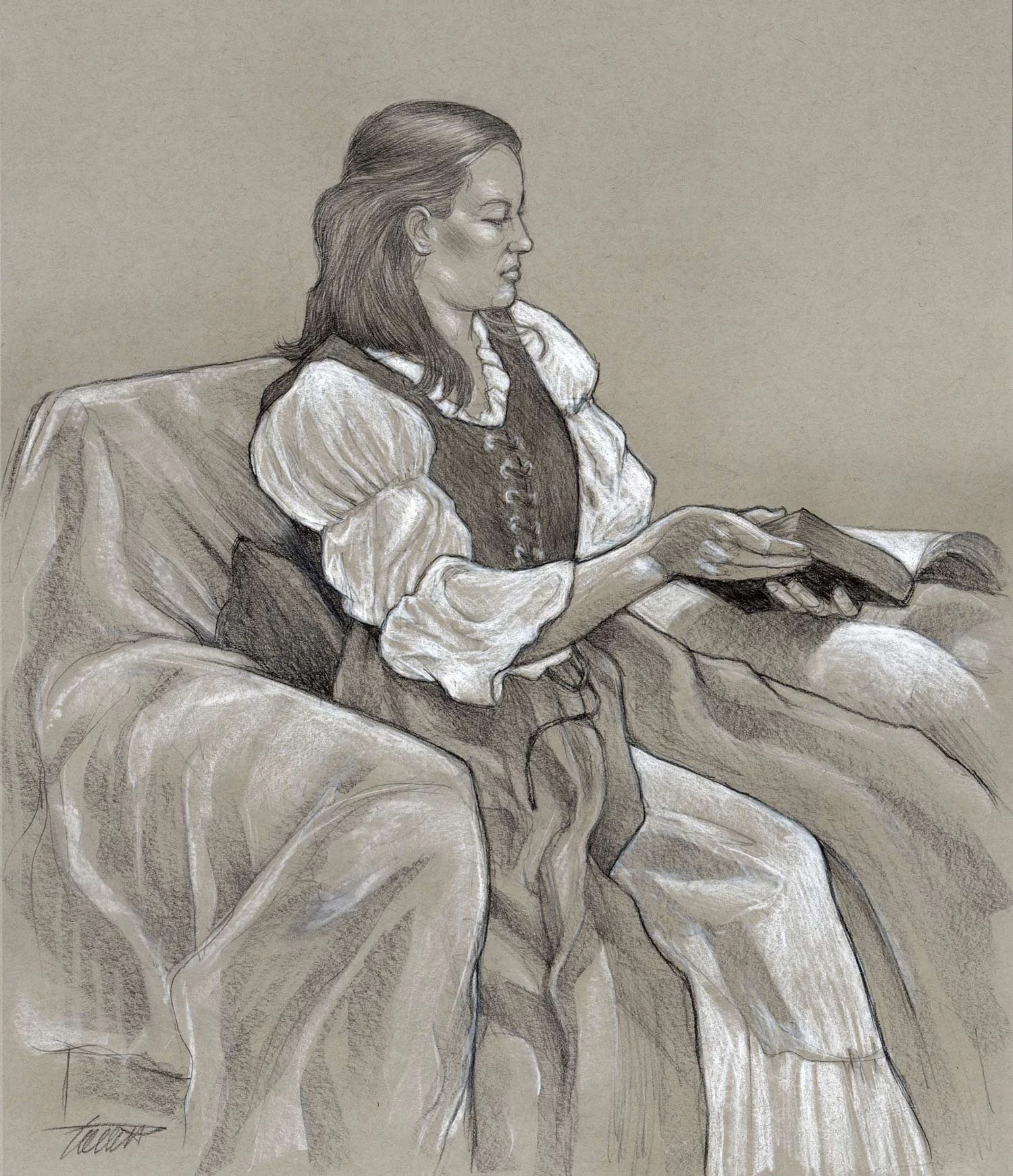 Charcoal and chalk on gray tone paper.