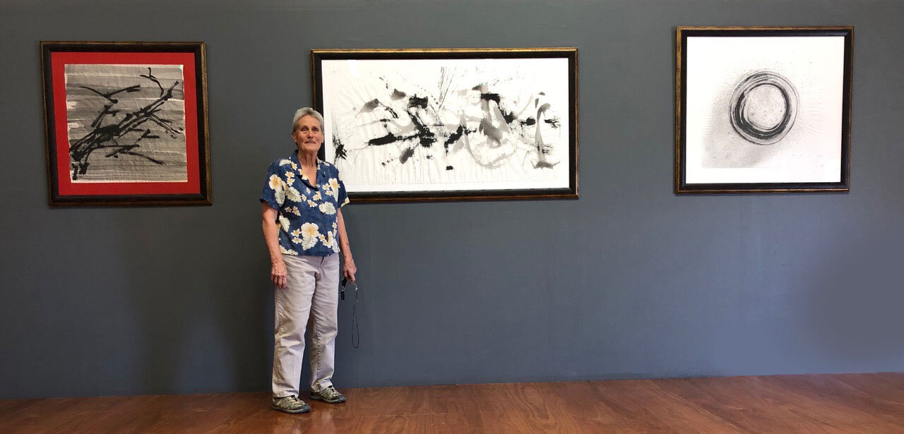 Barbara Riley during the hanging of her exhibit.