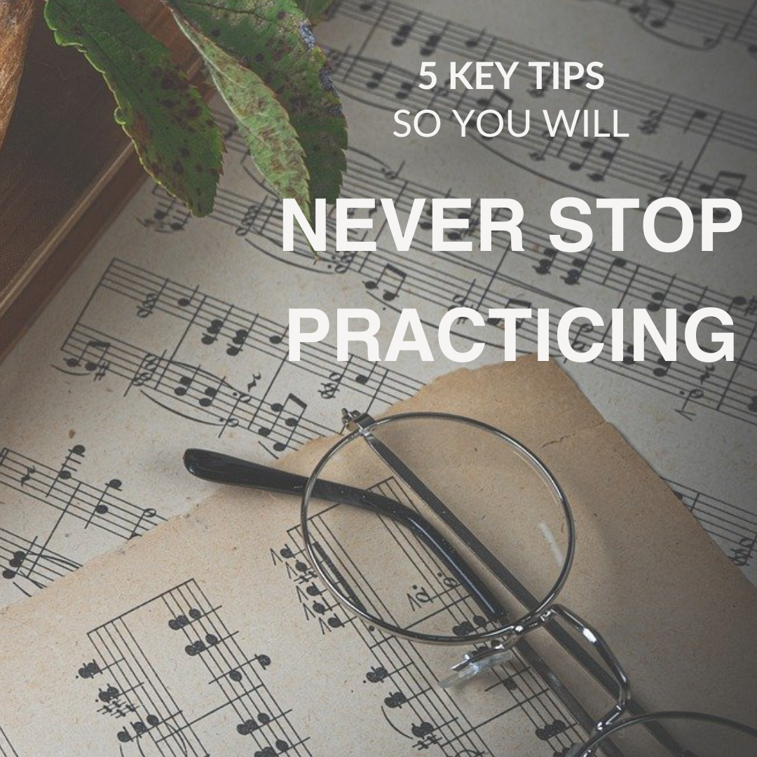 “Vintage piano sheet music with glasses and a leaf, text reads 5 key piano practice tips”