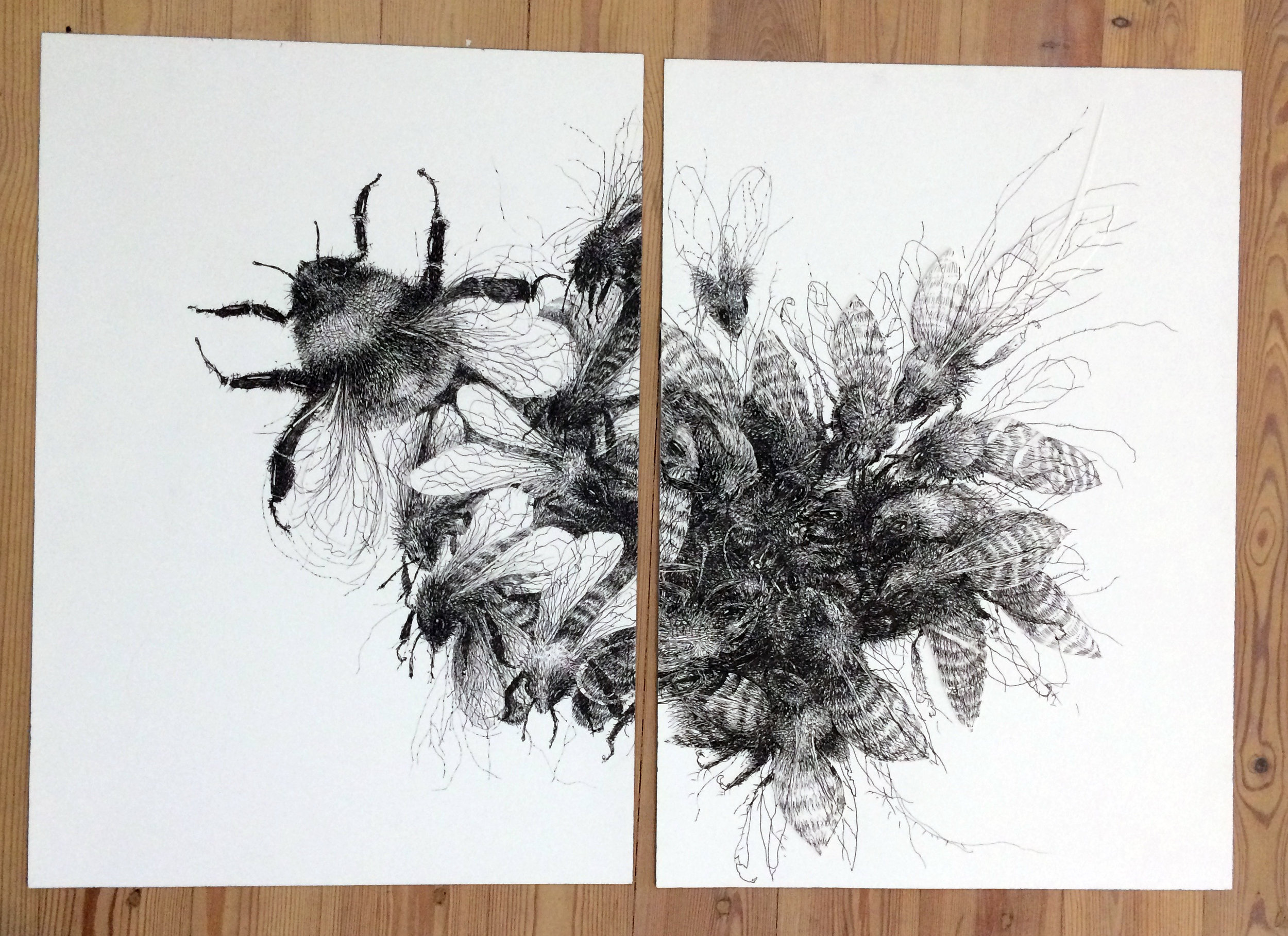 I draw several drawings of bees (this one with one bumblebee also) last year and just suddenly realised they all have new home's now and I can't show them in a show anymore, which was my original plan. I guess it's a good thing, but yeah...well, I do have some bad photos of them.