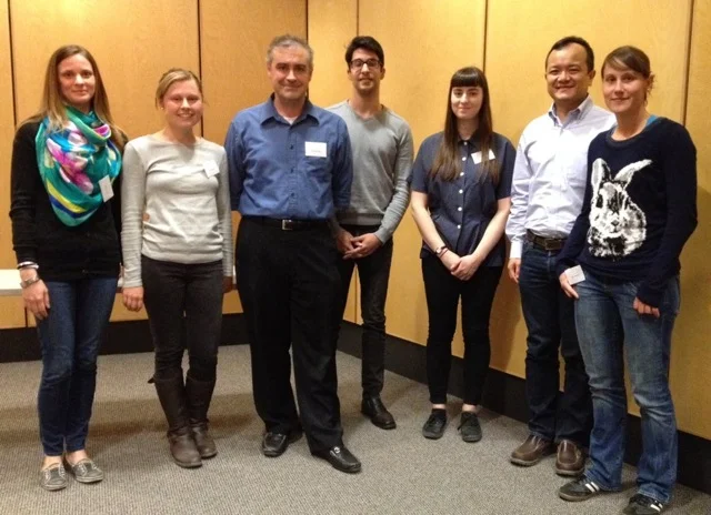Poster and oral presentation awardees From left to right: Andrea Smit, Hanna Opiol, Michael Antle (Program Chair), Faisal Alibhai (1st prize for posters), Claire Gizowski, Ruifeng Cao, Silke Kiessling (1st prize for talks)