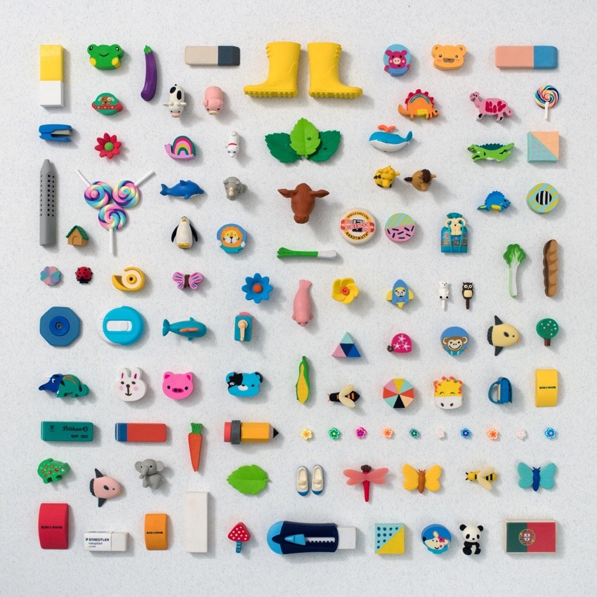 colourful erasers organized neatly