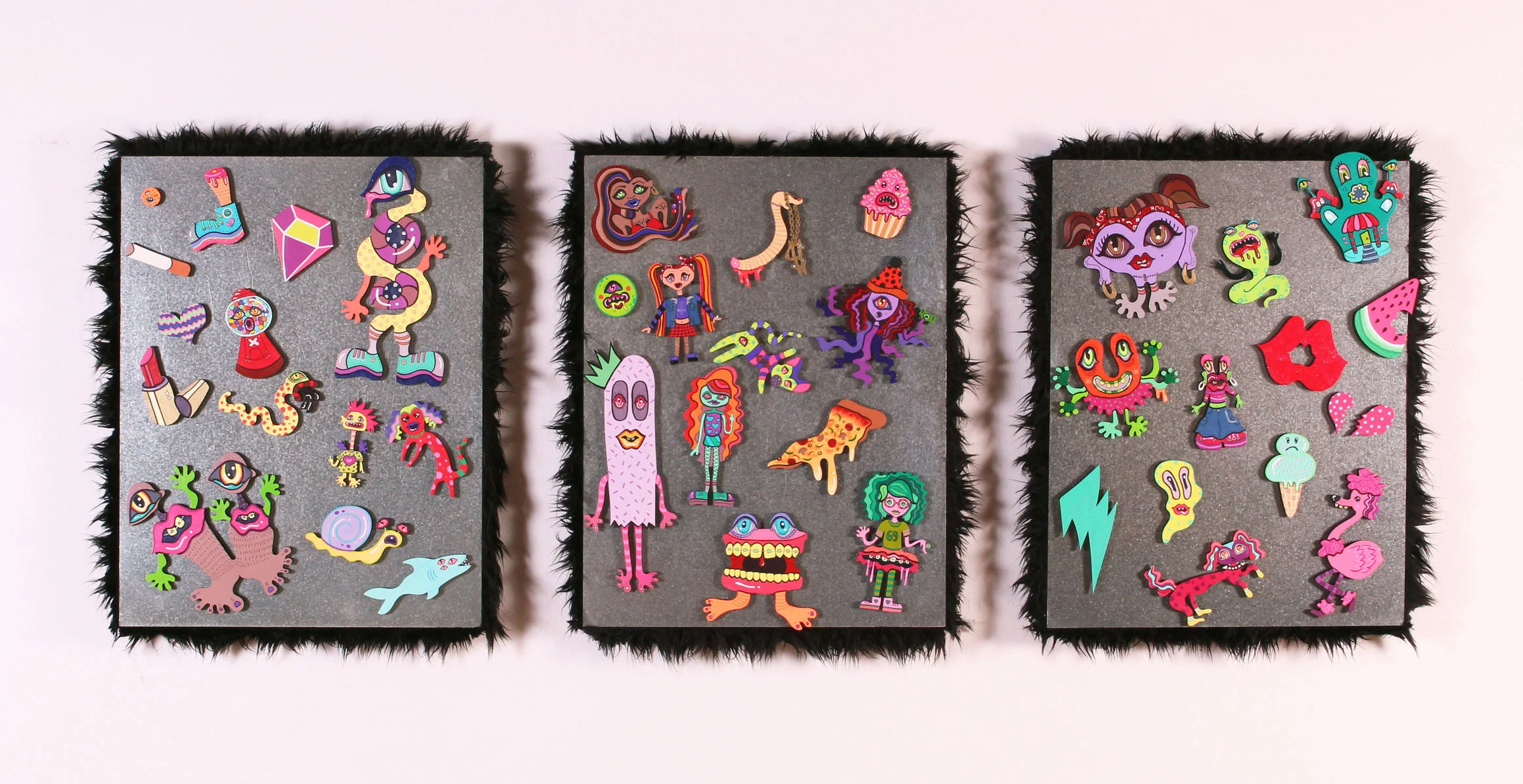 Magnets! , acrylic on laser cut wood, galvanized steel and faux fur on wood panel, 4.5 x 3 ft., 2015
