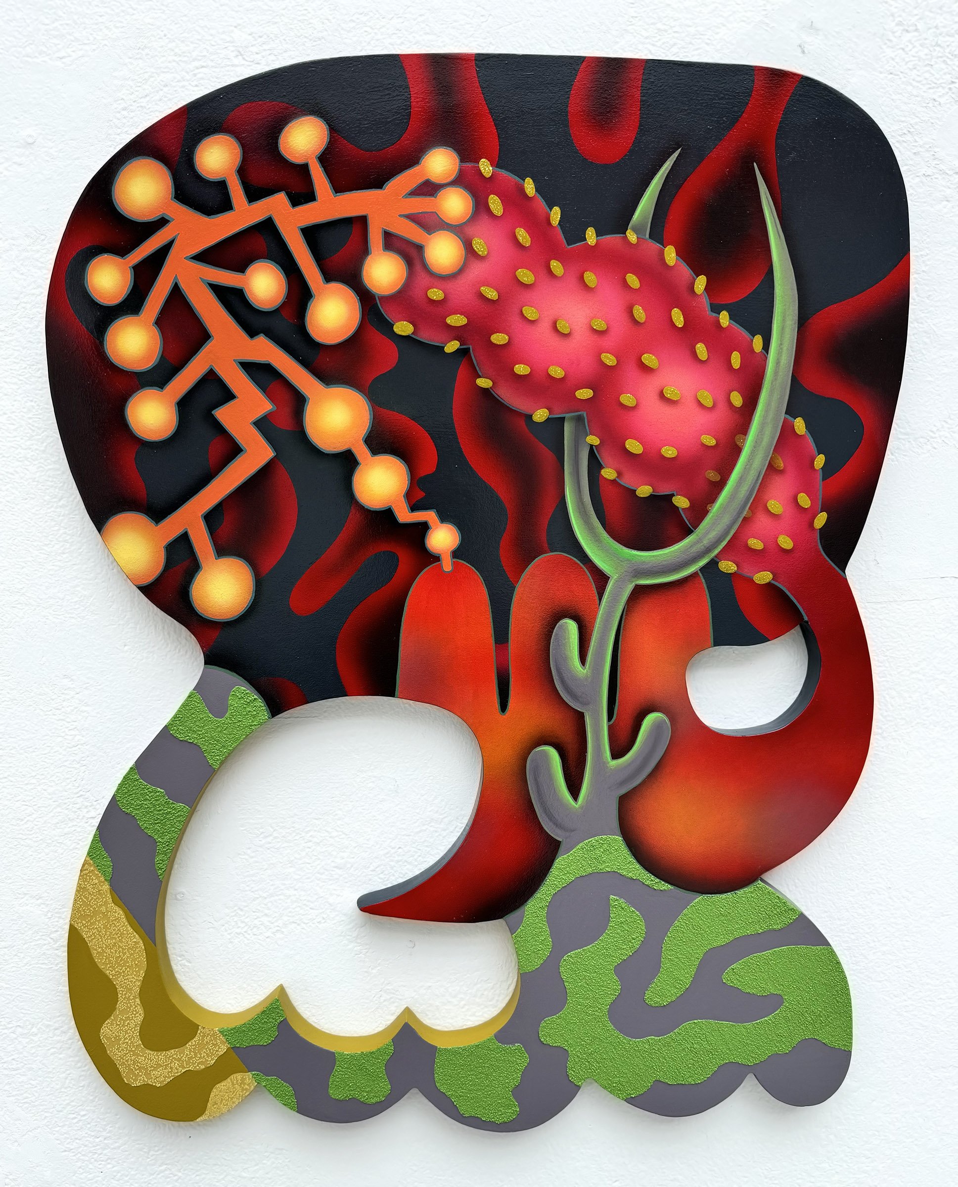 Molecular Intervention, acrylic, pumice and glass beads on custom wood panel, 30 x 25 in., 2023