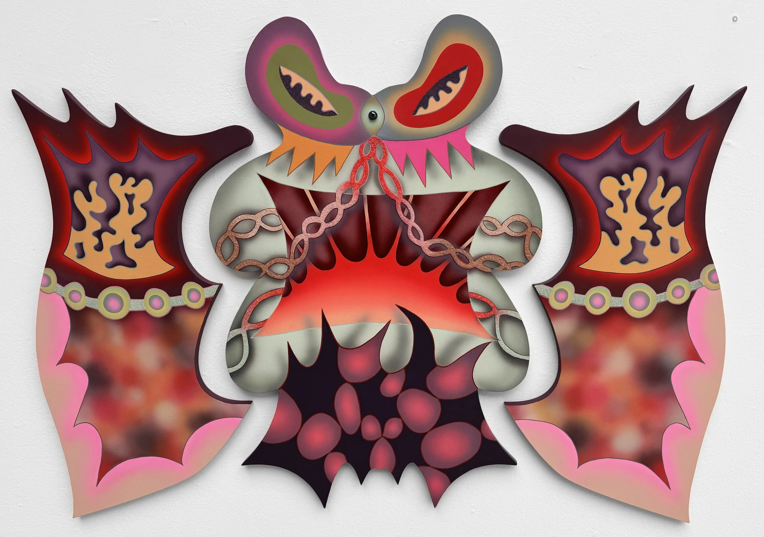 You in Reverse, Acrylic, pumice, sand, glass beads, and ceramic on wood panel, 31 x 44 in., 2024