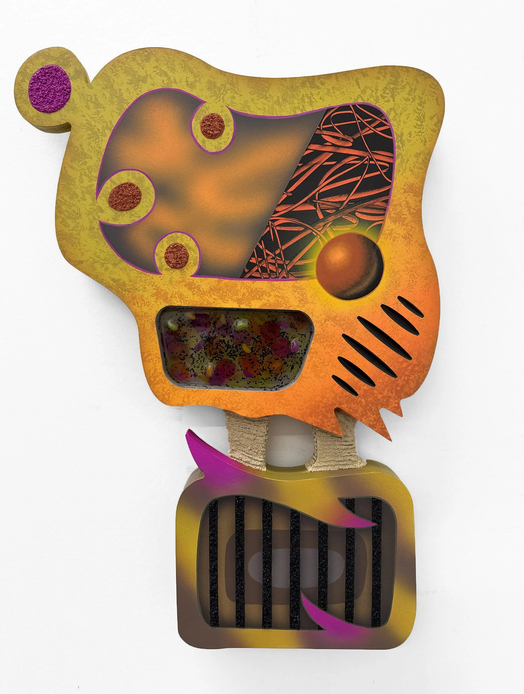 config.o, acrylic, pumice stone, resin, bingo chips, plastic, and charcoal on custom wood panel, 20 x 9 in. 2026