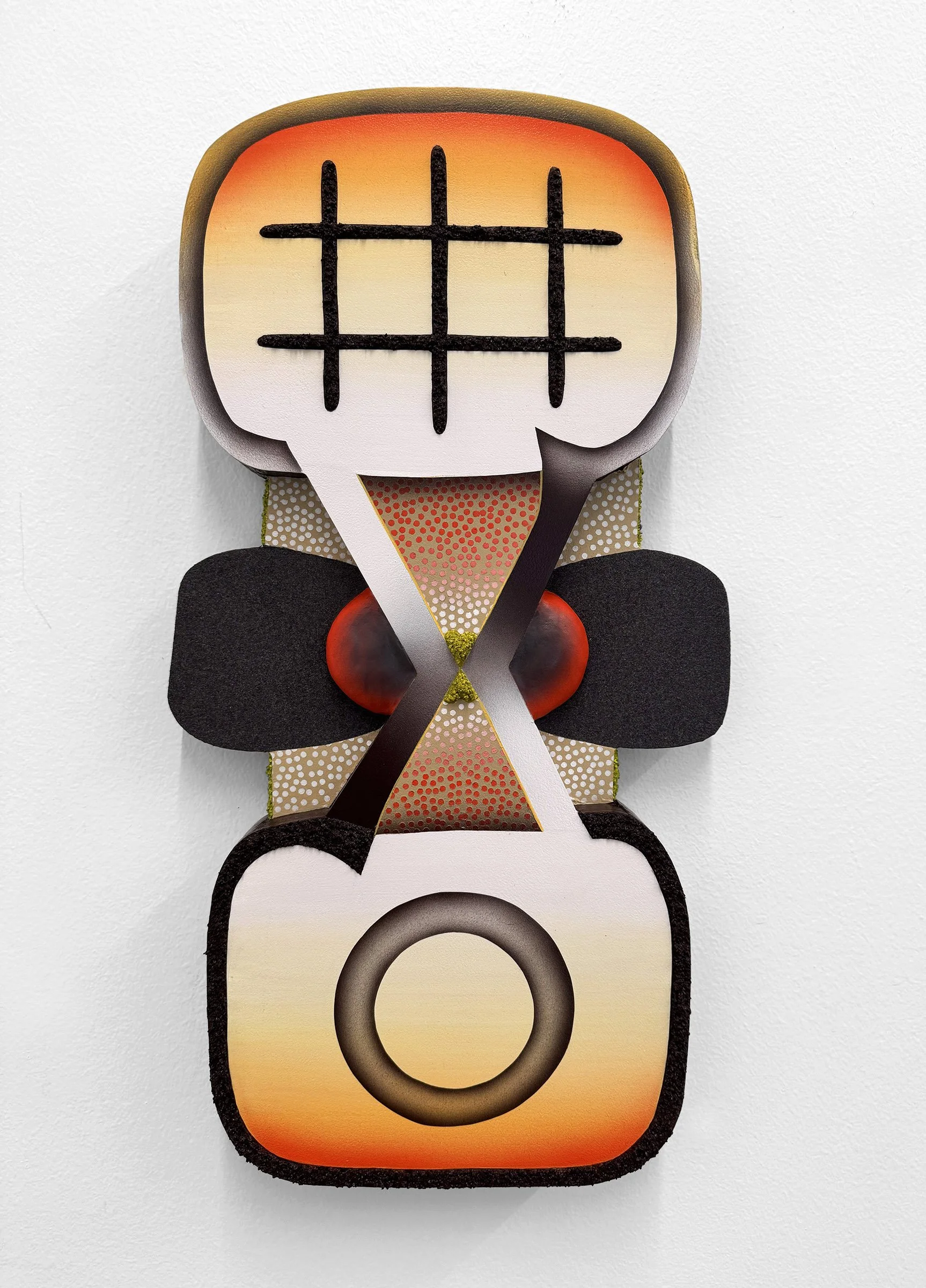# - X - O, acrylic, pumice, flocking and epoxy clay on artist made panel, 20 x 10.5 in., 2026