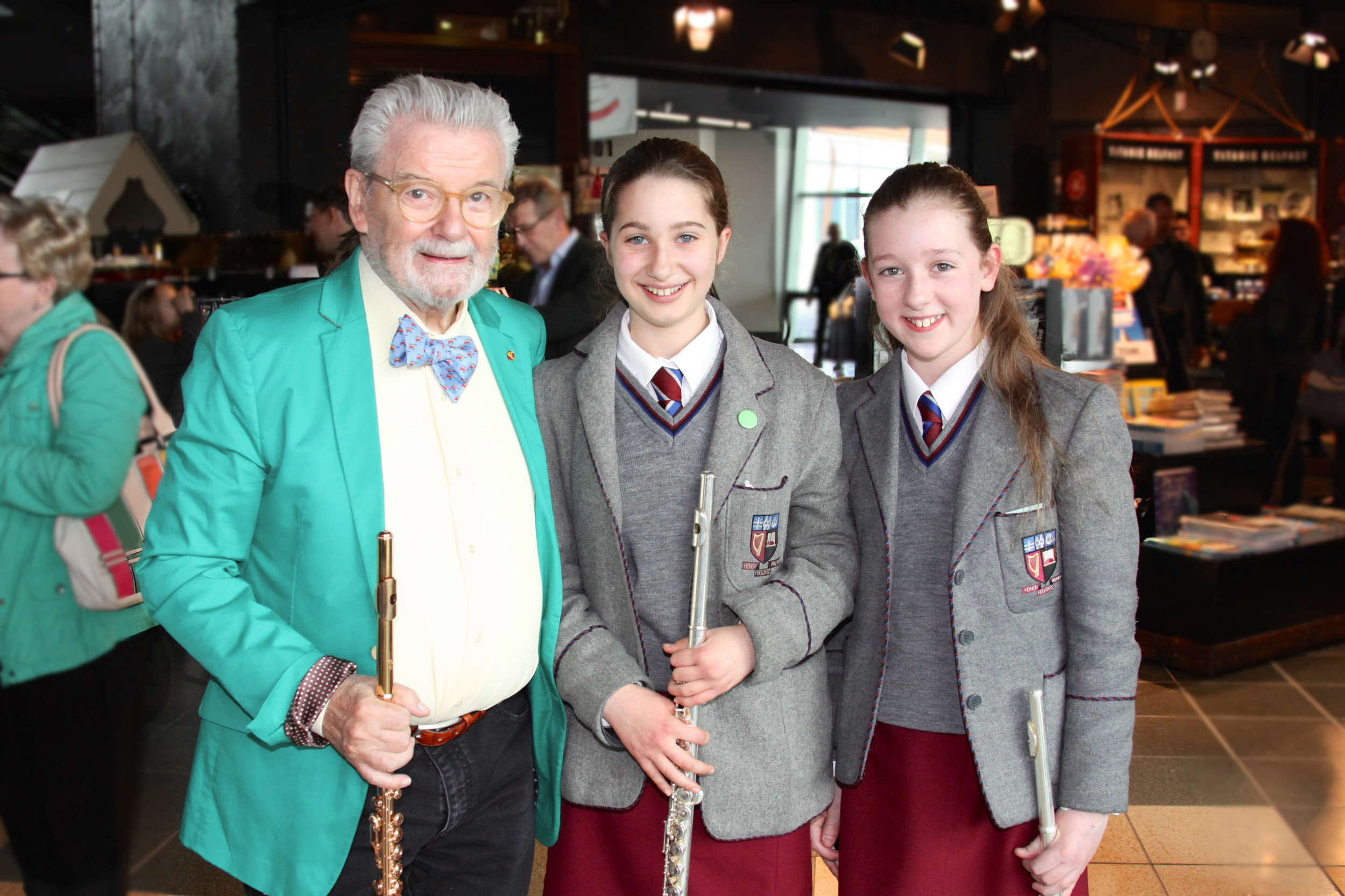 Sir James Galway with Katie and Isabel at Titanic Belfast