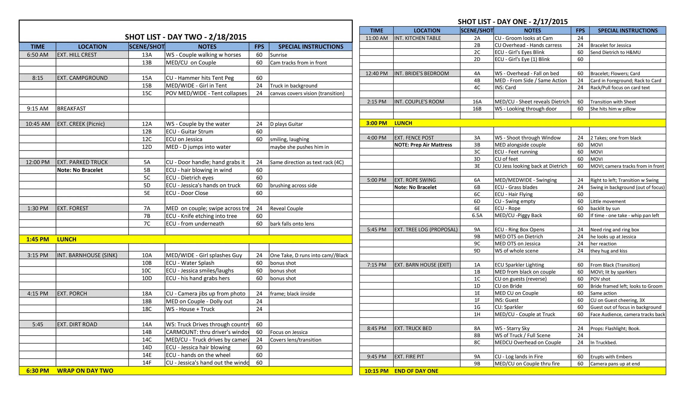 "Fragments" complete shot list. Click to enlarge .
