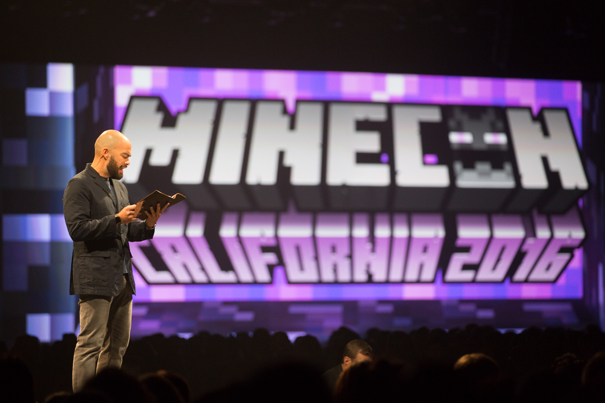 Reading the opening chapter of the Max Brooks Minecraft novel during its announcement at MINECON.