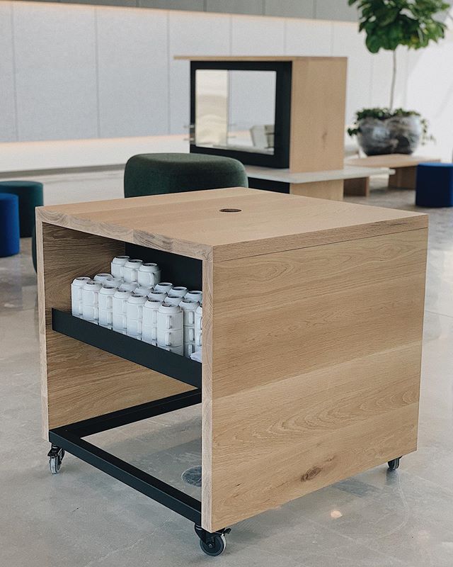 Coffee cart and freestanding ethanol fireplace in white oak for @studioilla.
