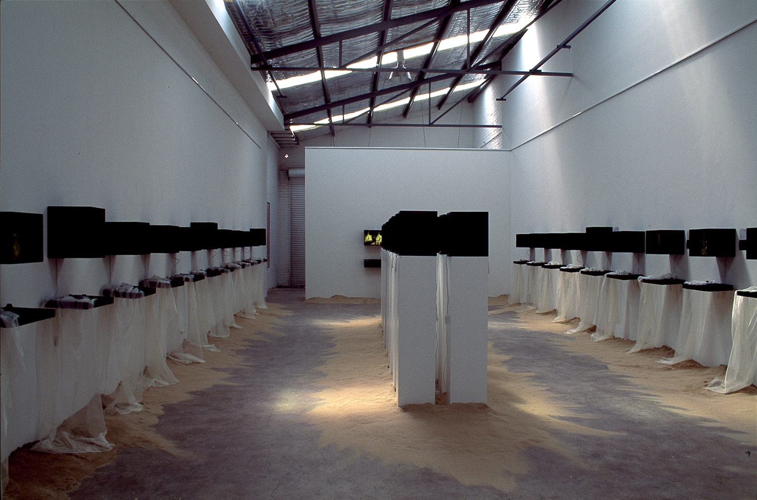 Exhibition installation of diptych light box and specimen tray. Light box on pedestal.