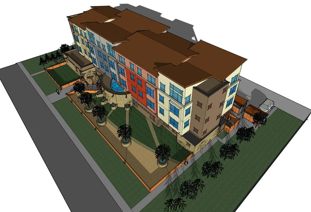 Architectural Rendering. Design incorporates Native inspired motifs, including four primary colours, circular entry and radiating spoke landscaping.
