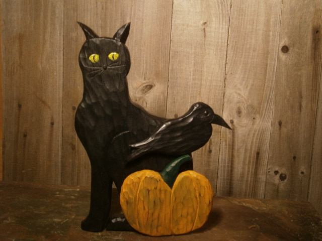 Halloween Black Cat Crow & Pumpkin