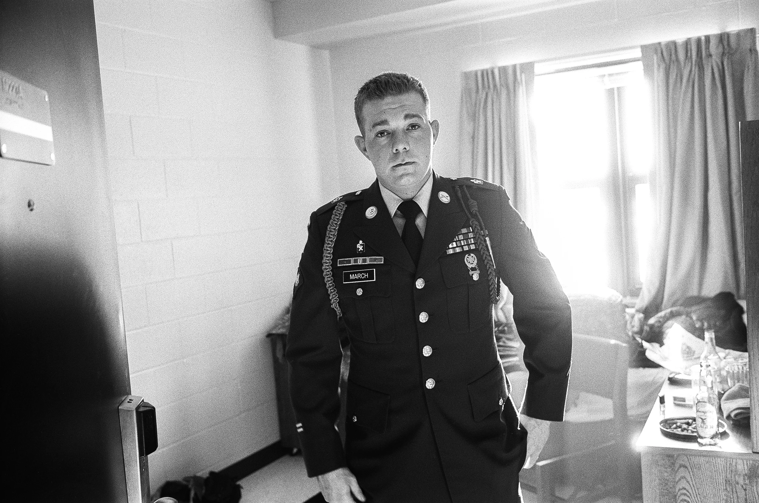 SPC James March wears his Class A uniform before going home on leave, January, 2010. After serving in Afghanistan March suffered from depression and in February 2015, at age 31, he took his own life in Painesville, Ohio. March loved animals, music, and spending time with his brothers.