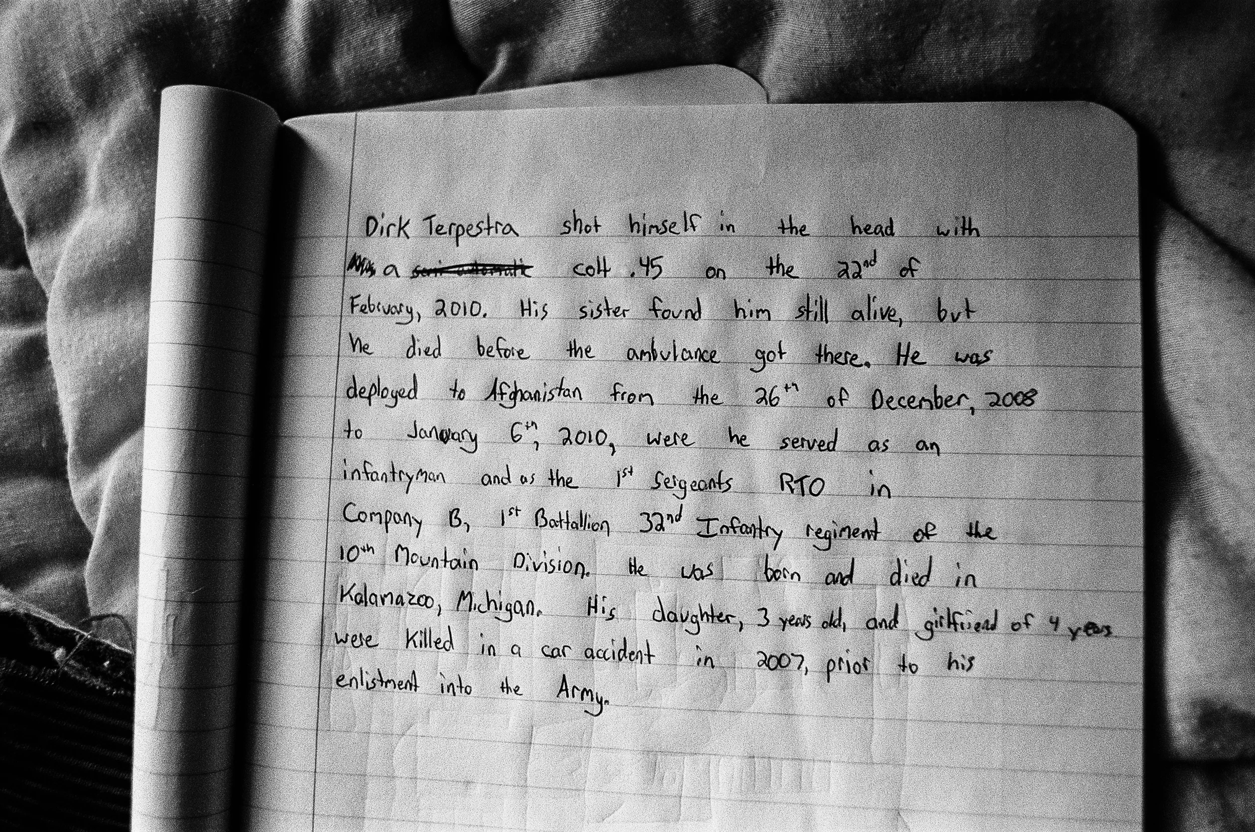 A soldier's journal entry about SPC Dirk Terpstra, who took his life in February, 2010. 