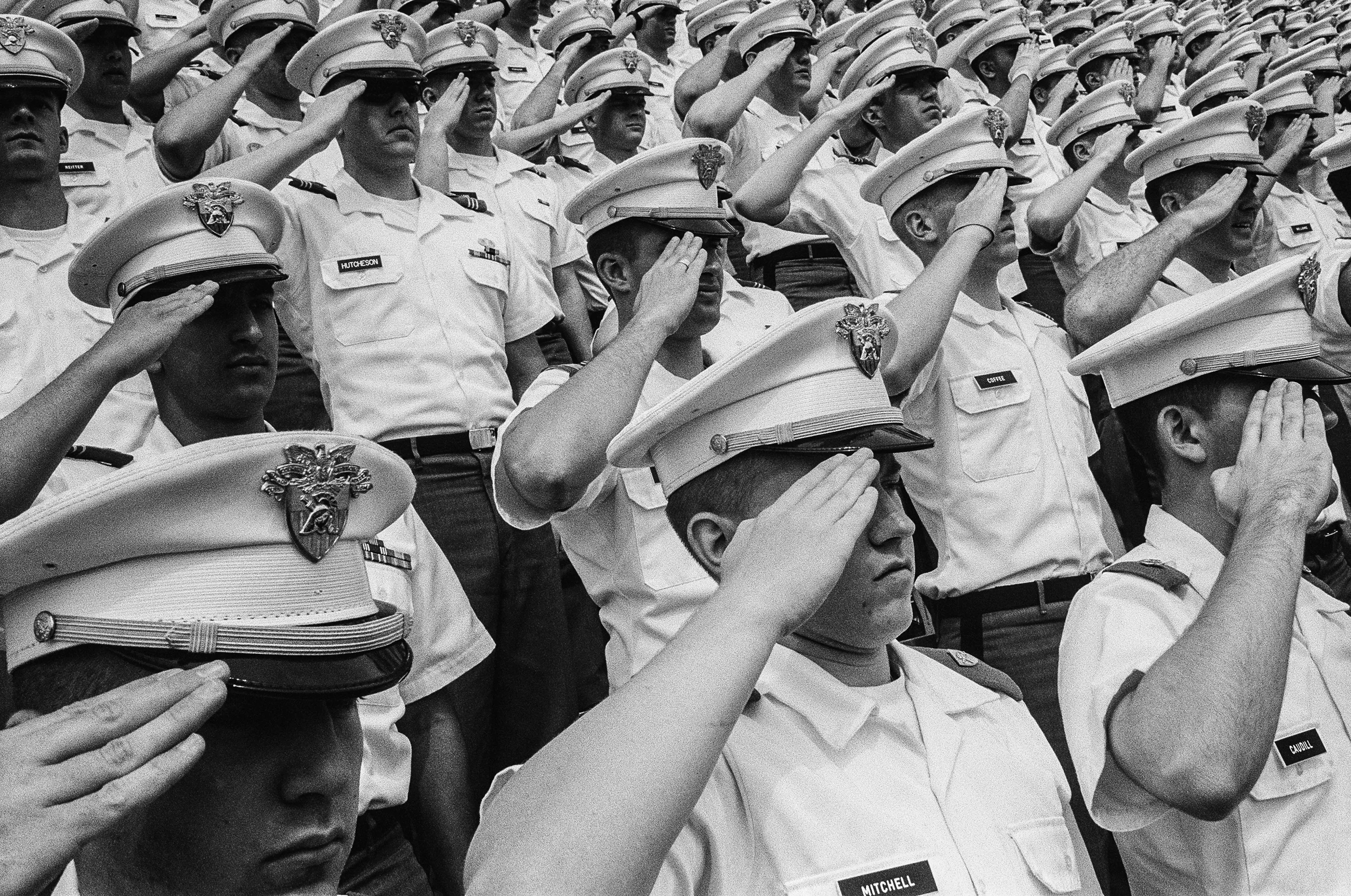 Cadets salute during a graduation ceremony at West Point Military Academy, New York, 2010.
