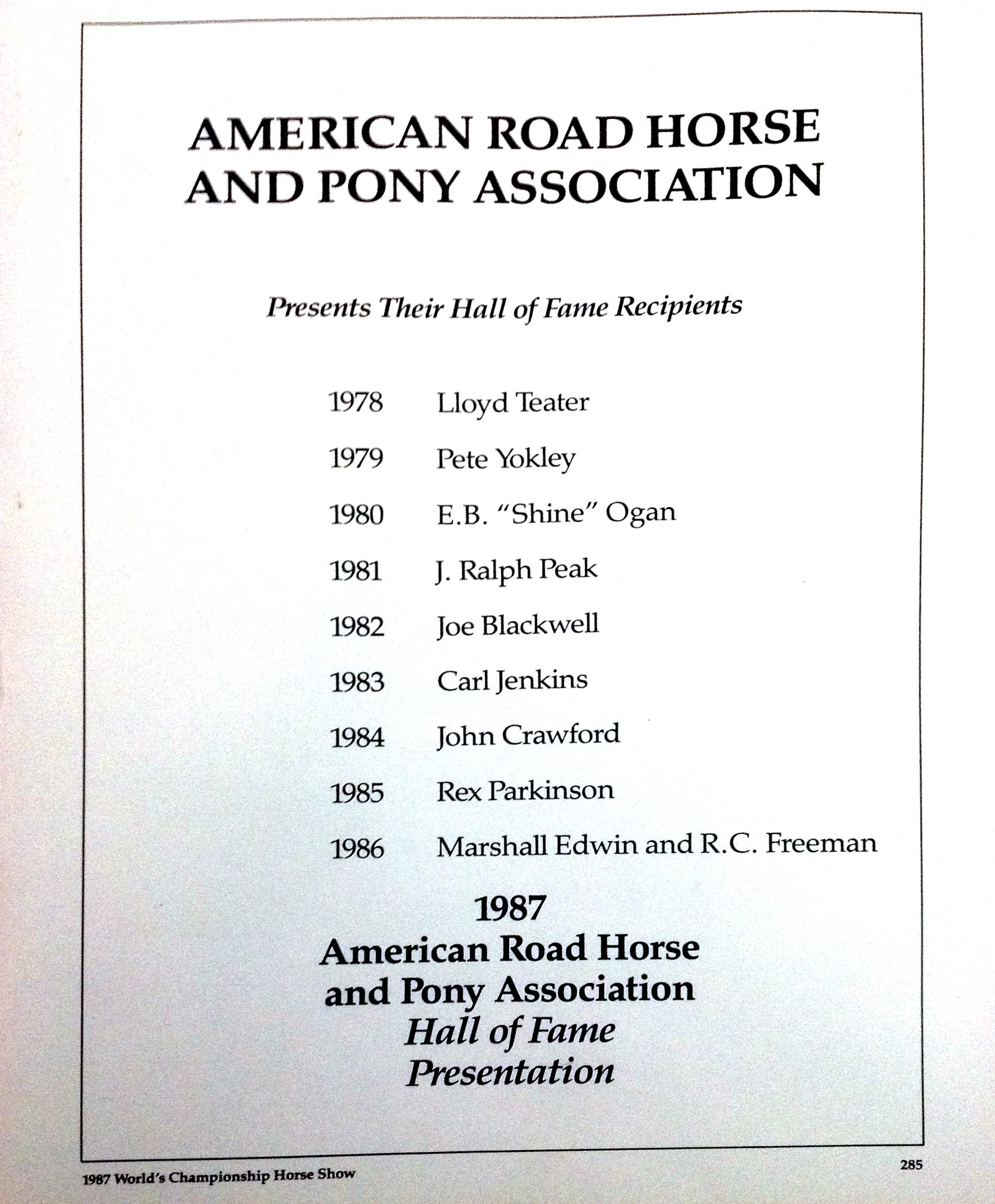 ARHPA Hall of Fame 1987