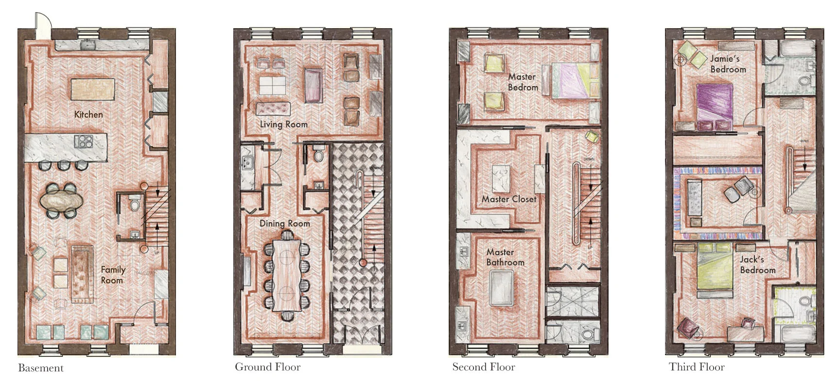 Basement, Ground, Second and Third Floor Plans