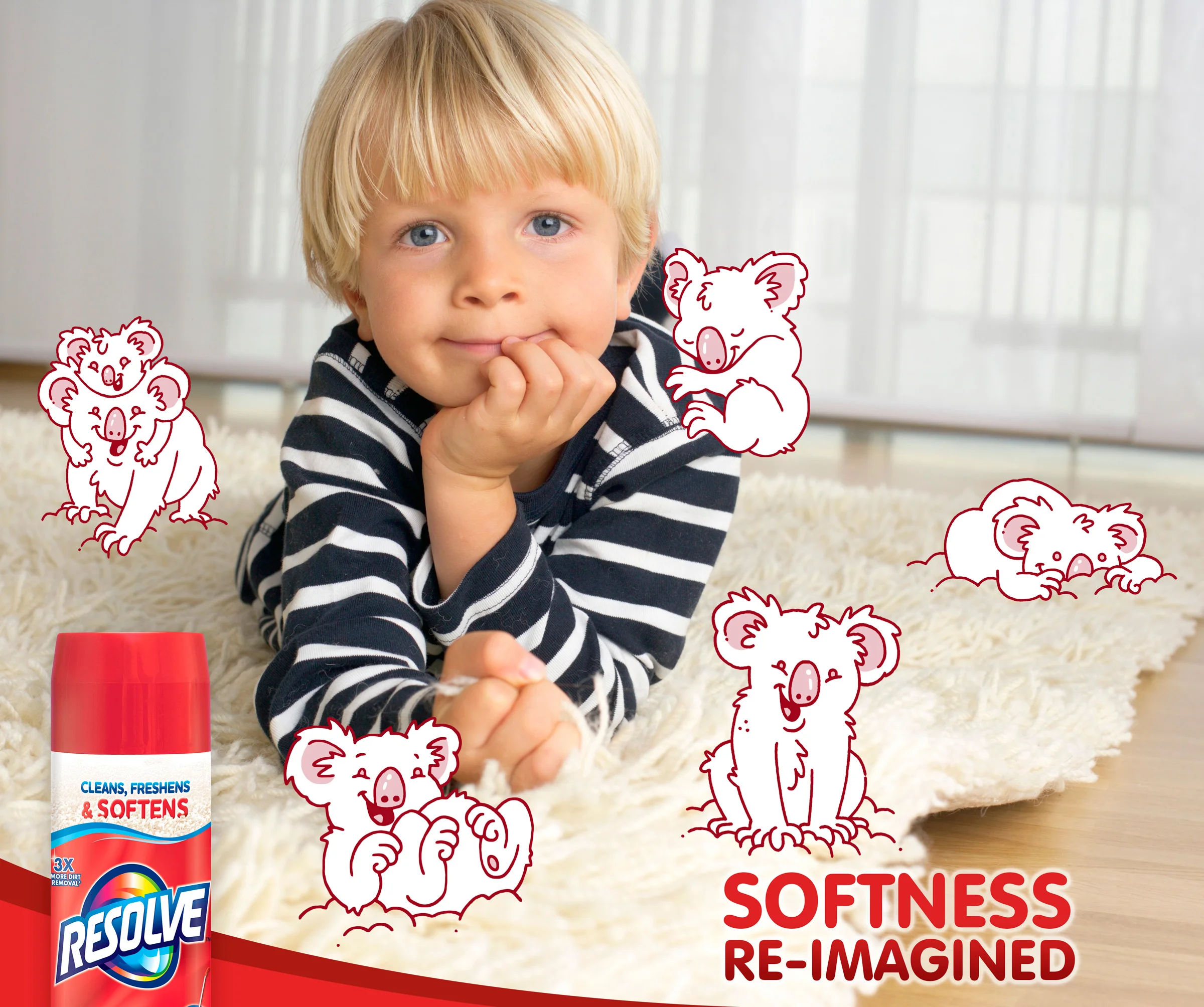 Your kids might think cuddly koalas crawl across the carpet to soften the carpet. But you know it’s Resolve. The new formula cleans, freshens, and now SOFTENS your carpet.