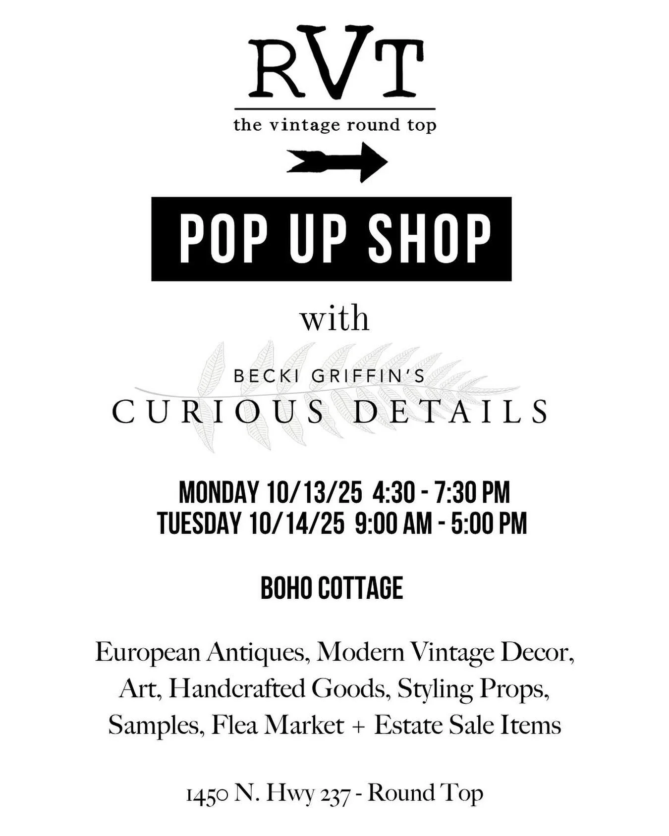 For the first time ever, The Vintage Round Top is opening its doors for a truly special pop-up shopping experience. ✨

📍 Boho Cottage at The Vintage Round Top
🗓 Preview Night: Sunday, Oct. 13 | 4:30&ndash;7:30 PM (first look while you sip on sangri